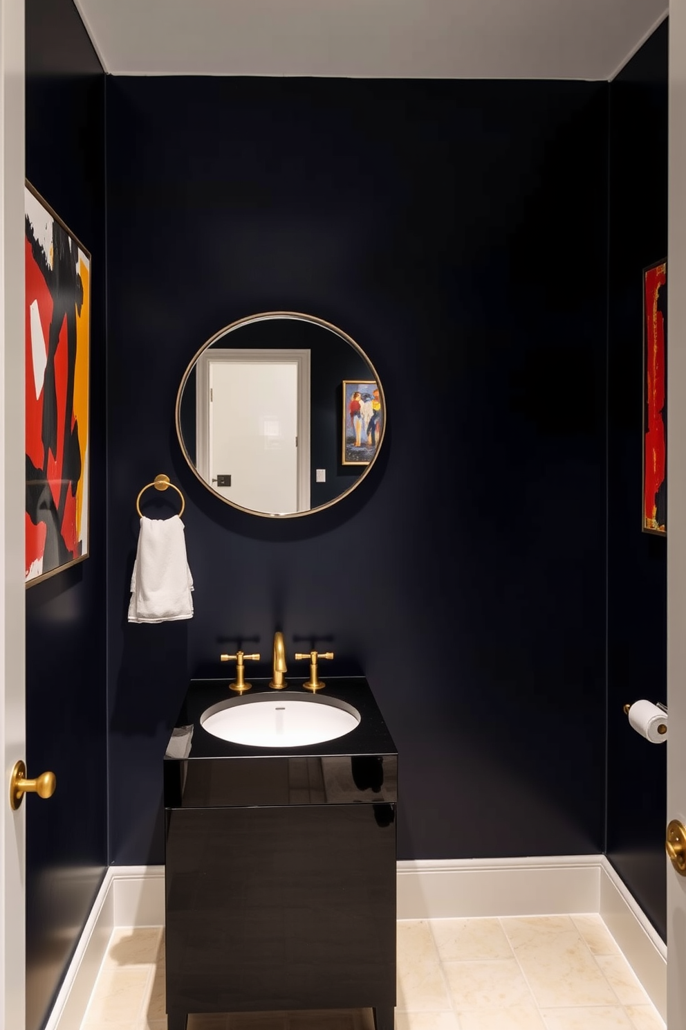 A moody powder room featuring deep navy walls adorned with bold abstract art pieces that create a striking focal point. The space includes a sleek black vanity with a gold faucet and a round mirror that reflects the vibrant artwork, enhancing the room's dramatic ambiance.