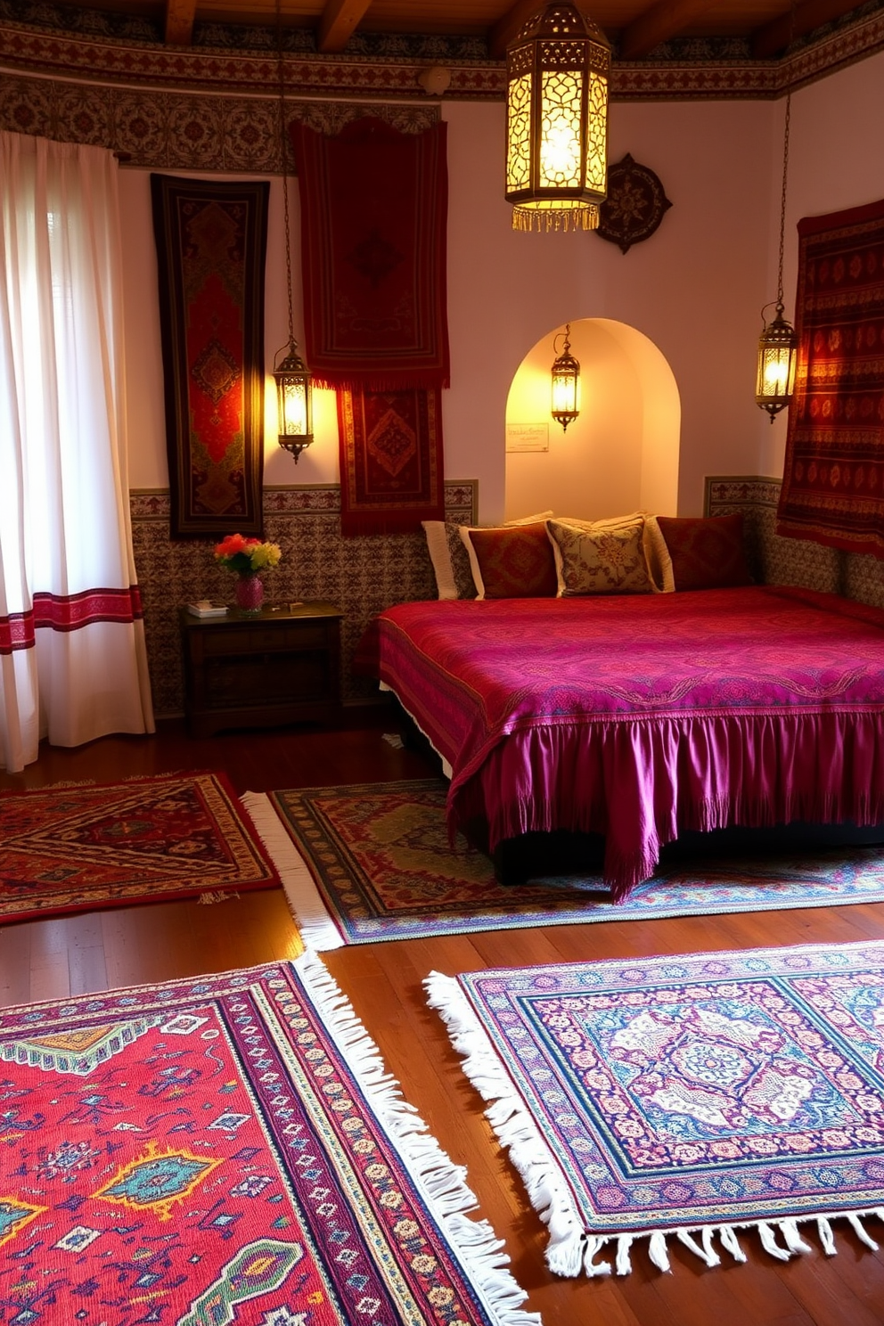 A striking Moroccan bedroom featuring vibrant colored walls in deep blues and rich oranges. The room showcases intricate patterns on textiles and a plush area rug that adds warmth and texture. A large arched window allows natural light to flood the space, highlighting the ornate lanterns hanging from the ceiling. Decorative pillows in various hues and patterns adorn the bed, creating a cozy and inviting atmosphere.