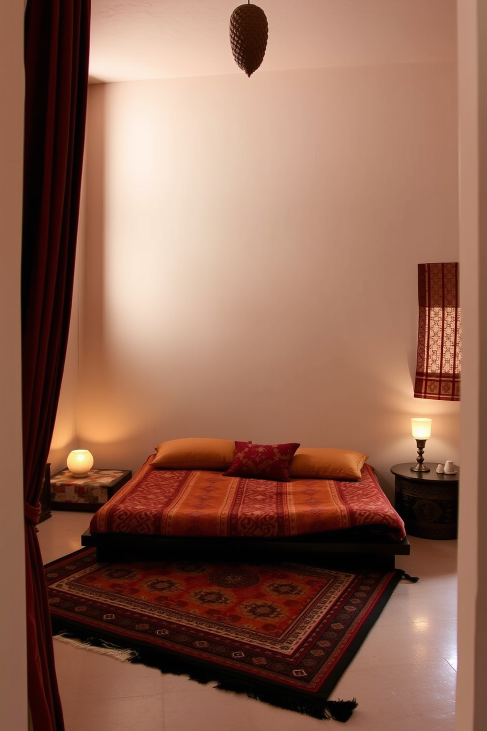 A Moroccan bedroom featuring layered bedding in rich textures and warm colors. The bed is adorned with plush pillows and a vibrant throw, creating a cozy and inviting atmosphere. Intricate lanterns cast soft light across the room, highlighting the ornate patterns of the textiles. The walls are painted in deep jewel tones, complemented by a handwoven area rug that ties the space together.