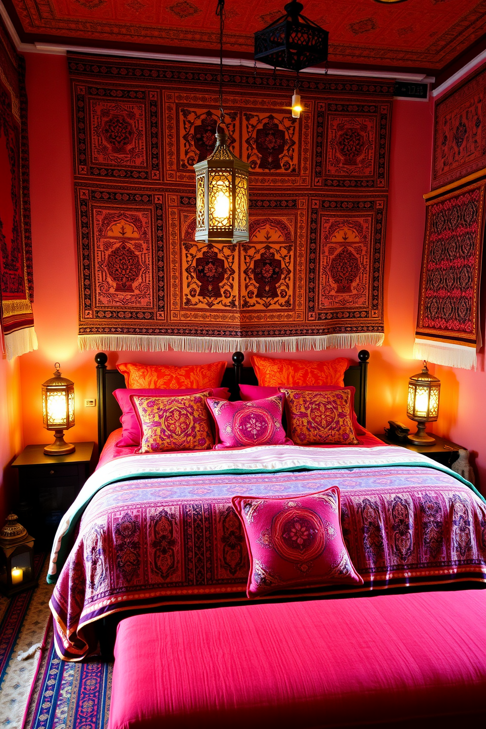 A cozy Moroccan bedroom featuring rich colors and intricate patterns. The walls are adorned with hanging tapestries that showcase traditional designs, creating a warm and inviting atmosphere. A large, plush bed is dressed in vibrant textiles and surrounded by decorative pillows. Soft lighting from ornate lanterns casts a gentle glow, enhancing the room's exotic charm.