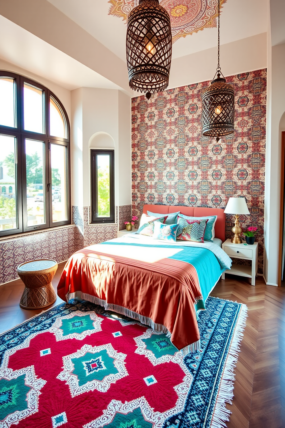 A cozy Moroccan bedroom filled with vibrant colors and intricate patterns. The walls are adorned with rich textiles and the floor is covered with a plush area rug in warm tones. A large, ornate bed with a carved wooden headboard is the focal point of the room. Hanging plants cascade from the ceiling, adding a touch of greenery and life to the space.