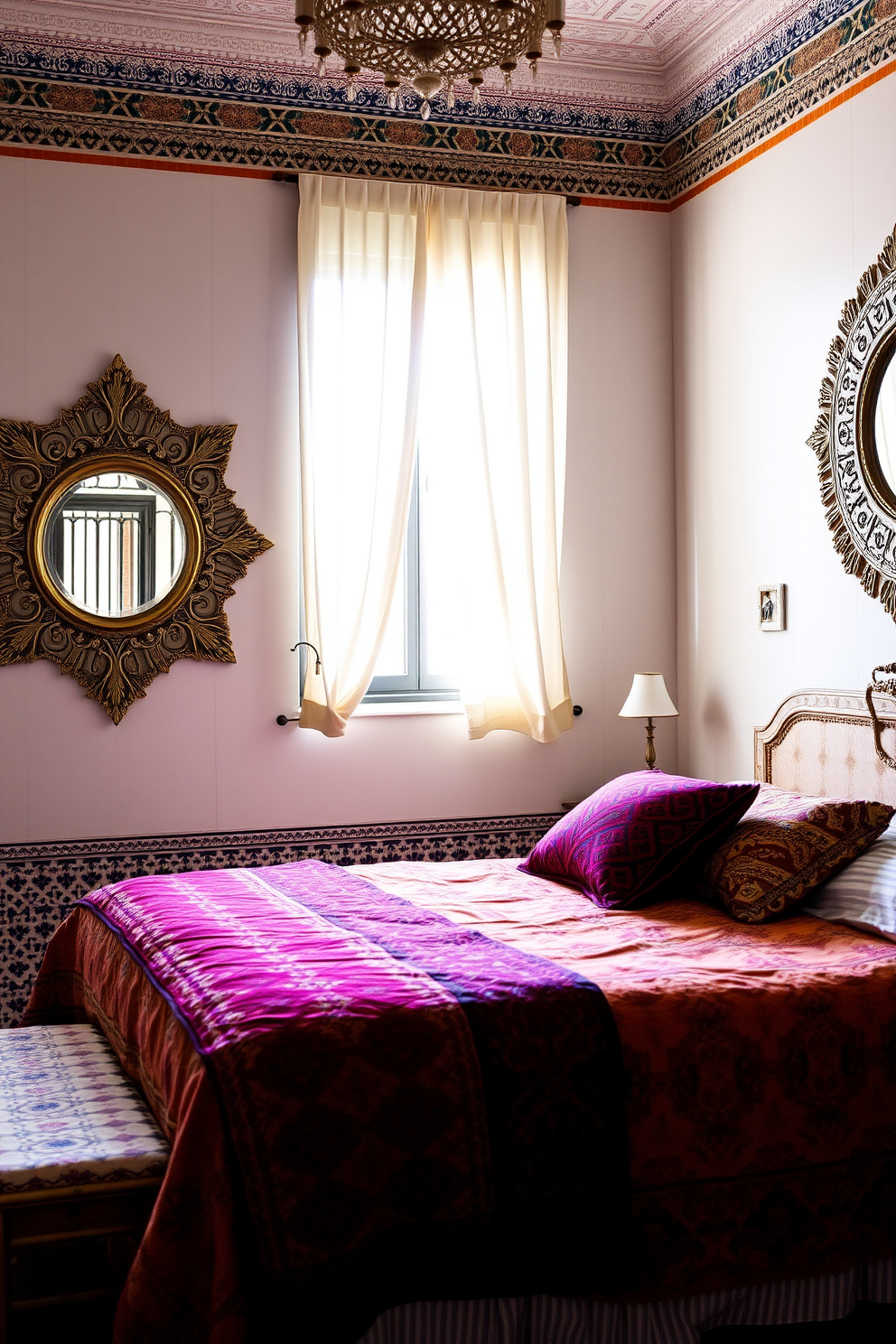 A vibrant Moroccan bedroom featuring bold geometric patterns throughout the decor. The walls are adorned with intricate tile designs, and colorful textiles drape over the bed and furniture. A large, plush area rug with geometric motifs anchors the space, while lantern-style lighting casts warm, inviting shadows. Rich jewel tones in the cushions and curtains enhance the exotic ambiance, creating a cozy retreat.