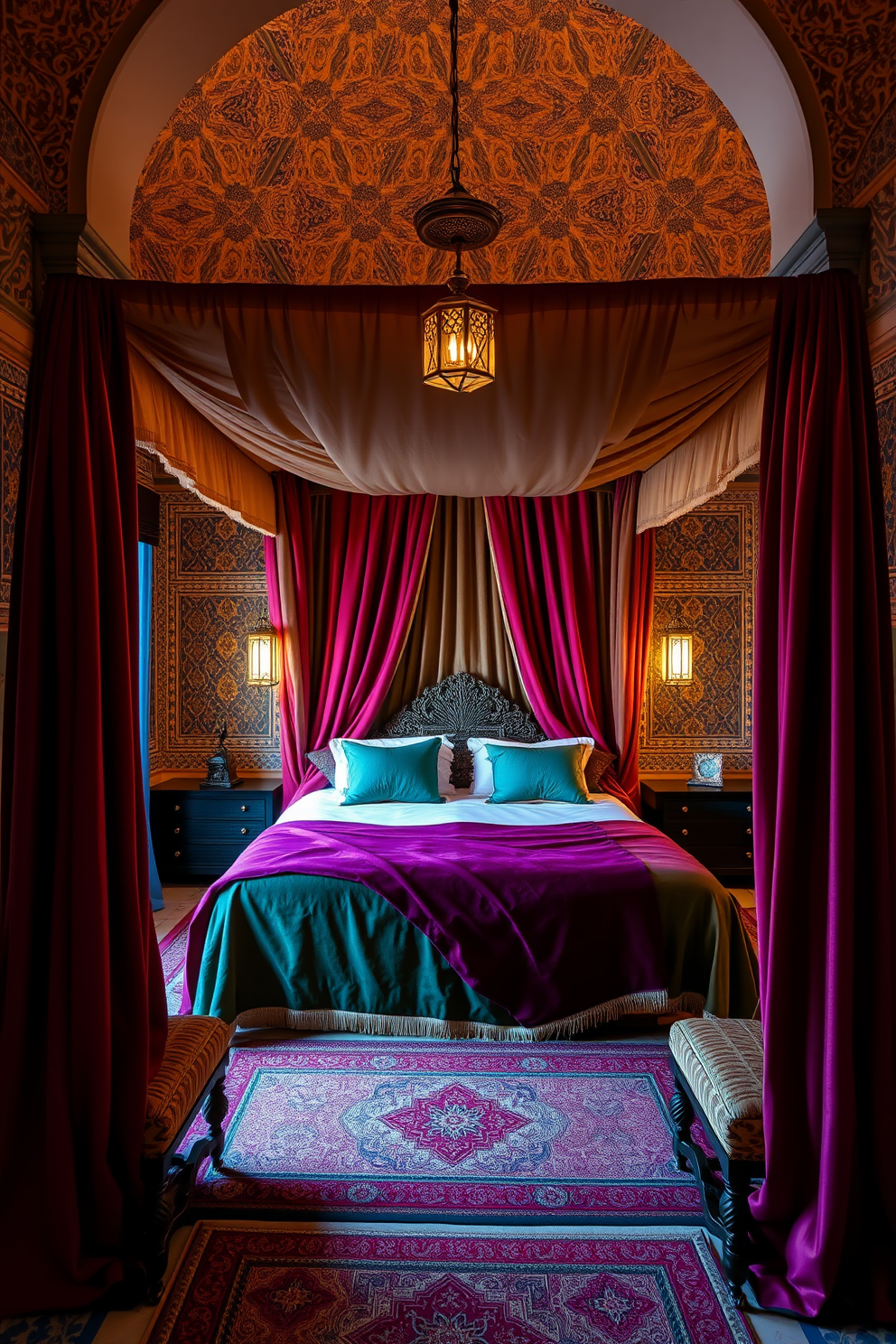 A luxurious Moroccan bedroom featuring a grand canopy bed draped with flowing fabrics in rich jewel tones. The walls are adorned with intricate tile patterns, and ambient lighting creates a warm, inviting atmosphere.