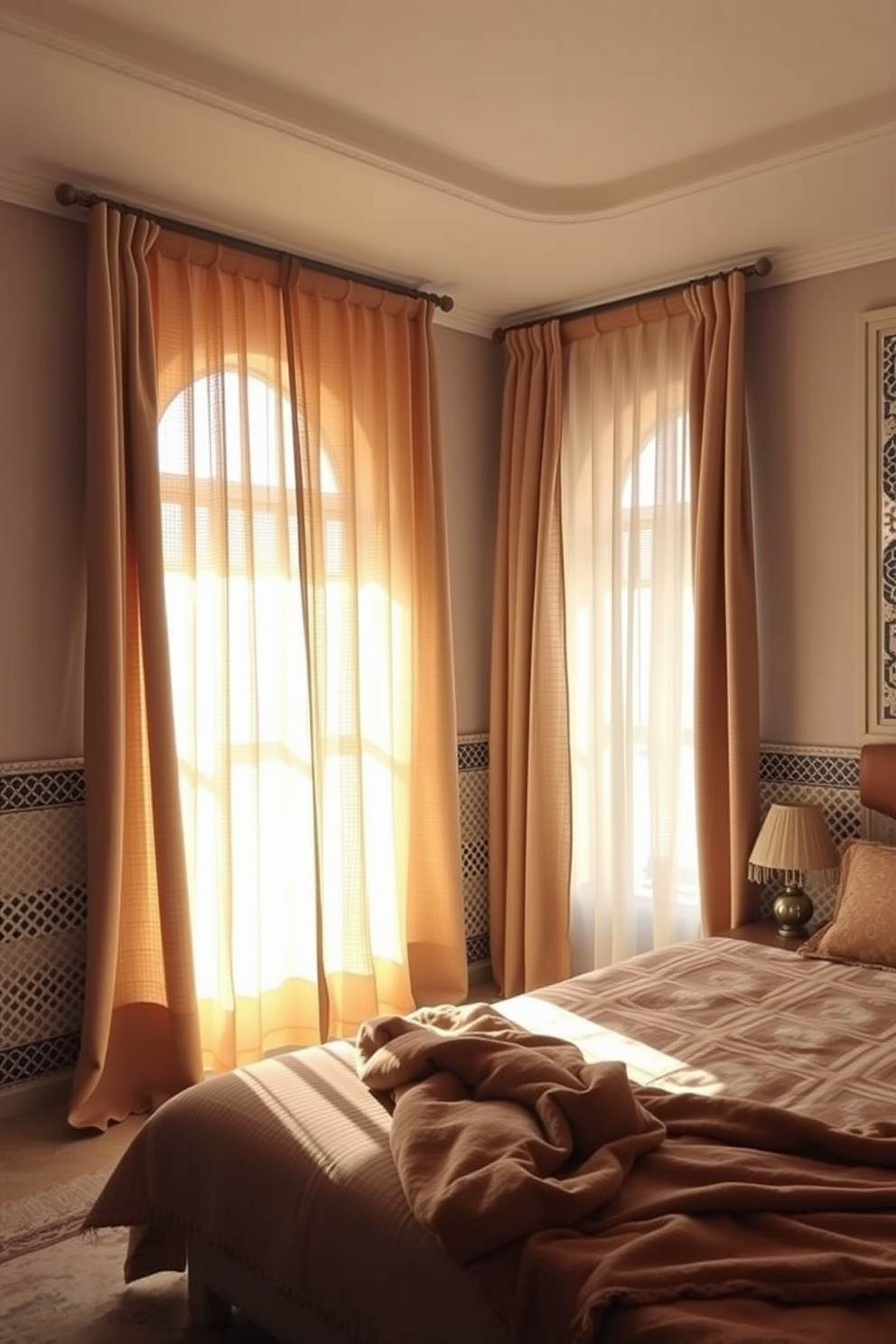 A cozy Moroccan bedroom featuring woven baskets for stylish storage. The room is adorned with vibrant textiles, intricate lanterns, and earthy tones that create a warm and inviting atmosphere.