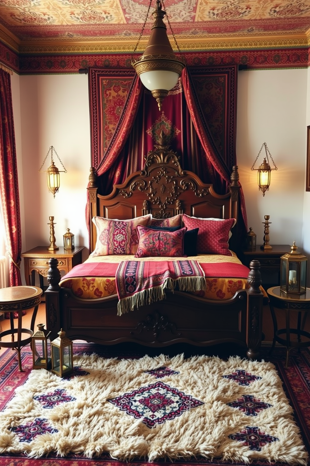 A cozy Moroccan bedroom featuring rich tapestries as wall art that add depth and texture to the space. The walls are adorned with intricate patterns, and a plush bed dressed in vibrant textiles invites relaxation.