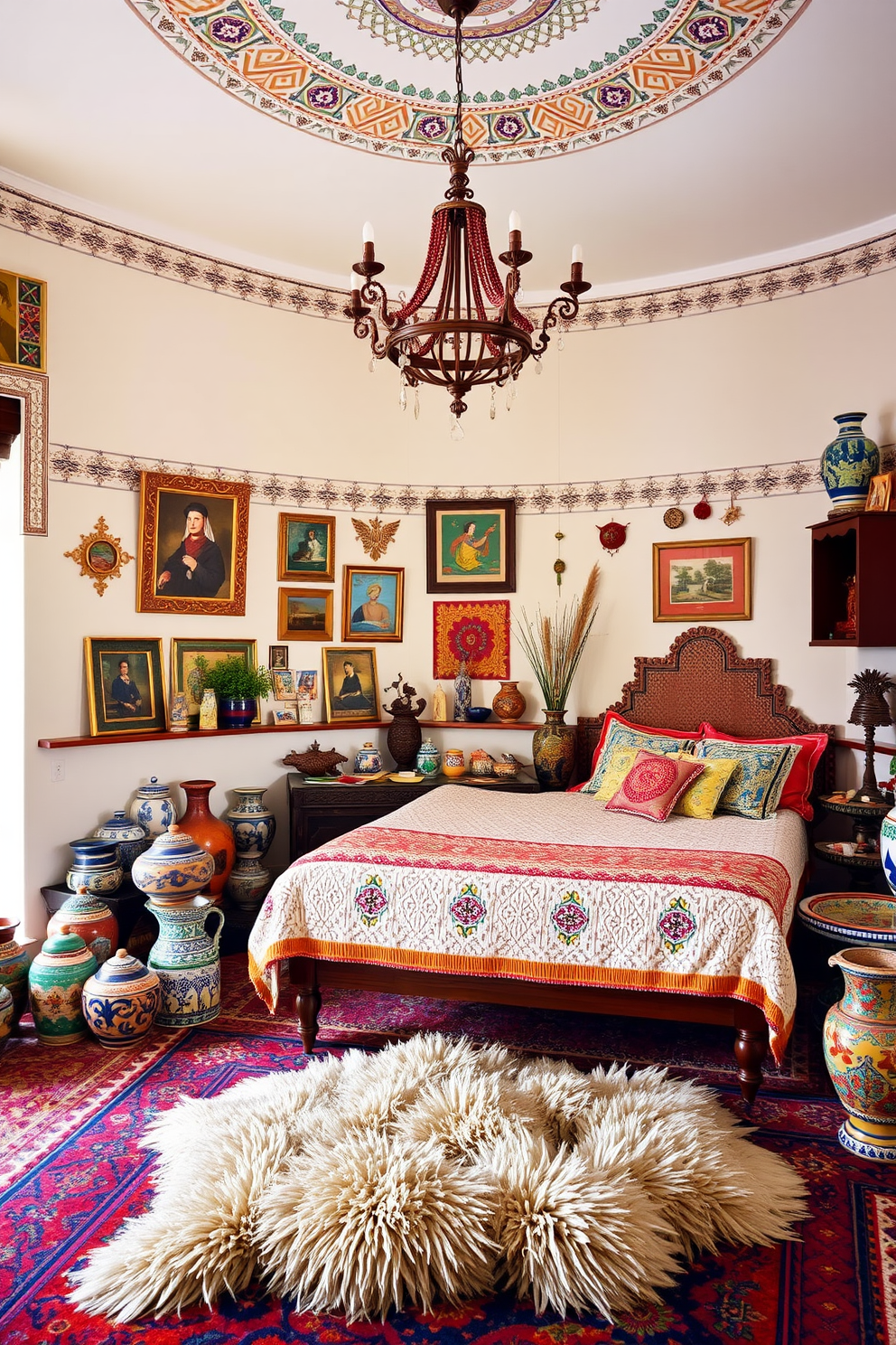 A serene Moroccan bedroom featuring elegant arches that add architectural interest. The room is adorned with rich textiles in vibrant colors, complemented by intricate lanterns casting soft light across the space. A plush bed with a carved wooden headboard takes center stage, surrounded by decorative pillows and a cozy throw. The walls are painted in warm earth tones, and a colorful area rug anchors the room, enhancing the Moroccan aesthetic.