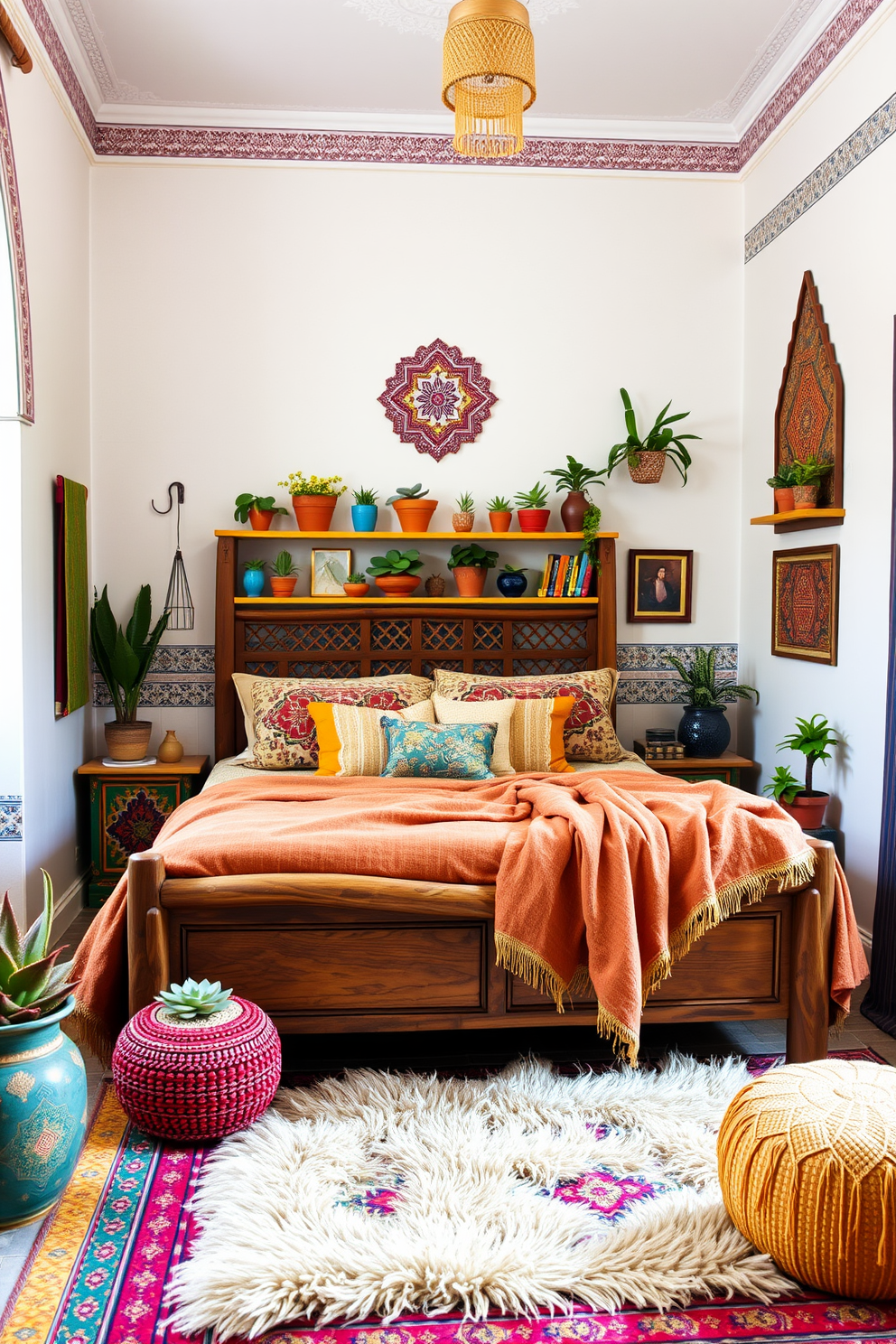 A serene Moroccan bedroom filled with vibrant textiles and natural elements. The walls are adorned with intricate tile patterns, while a plush area rug adds warmth to the space. Succulents and potted plants are strategically placed on colorful shelves, enhancing the natural beauty of the room. A large, handcrafted wooden bed frame is draped with rich, textured fabrics in earthy tones.