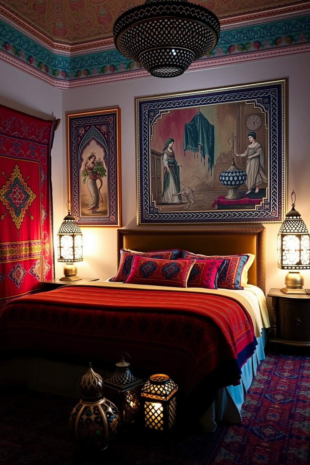 A luxurious Moroccan bedroom featuring rich textiles and vibrant colors. The centerpiece is a large, intricately carved wooden bed adorned with plush pillows and an elegant canopy. Metal accents are incorporated through decorative lanterns and a stylish brass side table. The walls are painted in deep jewel tones, complemented by a patterned area rug that adds warmth and texture.