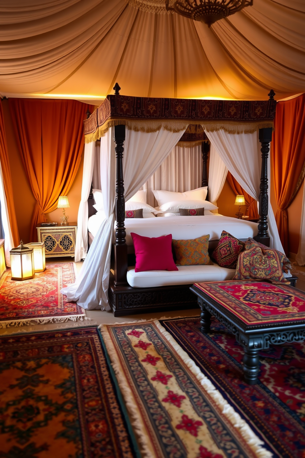 A cozy Moroccan bedroom filled with vibrant colors and intricate tile patterns on the floor. The walls are adorned with rich textiles, and a low wooden bed is draped with colorful blankets and plush pillows.