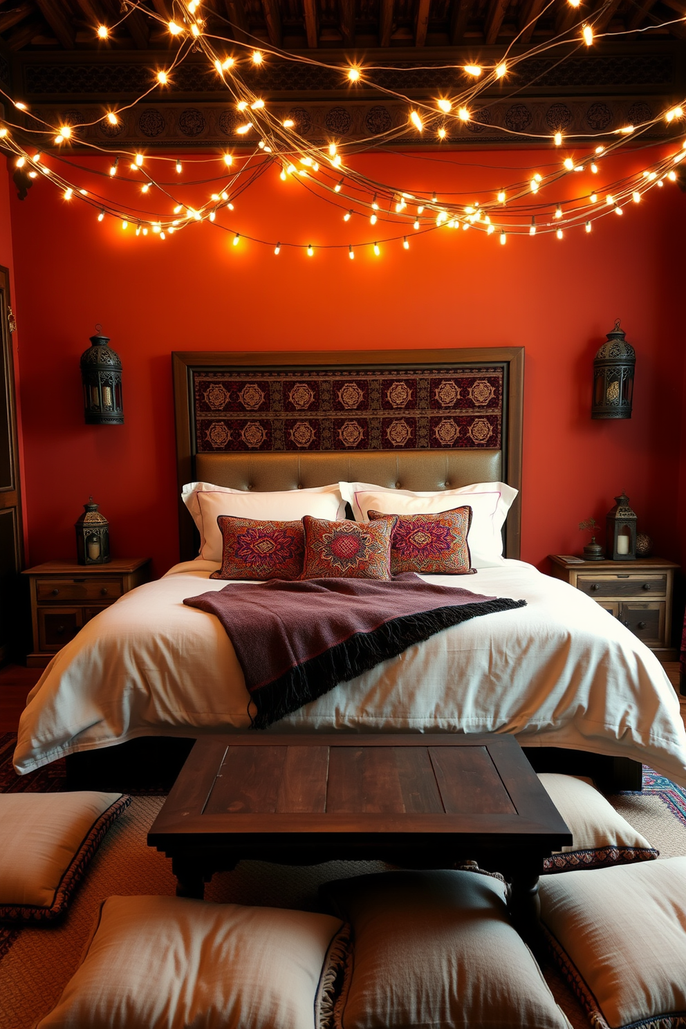 A cozy Moroccan bedroom setting with soft lighting created by warm string lights draped along the ceiling. The room features a large, plush bed adorned with colorful patterned pillows and a richly textured throw blanket. The walls are painted in a warm terracotta hue, complemented by intricate woodwork and decorative lanterns. A low wooden table sits in front of the bed, surrounded by floor cushions, creating an inviting space for relaxation and conversation.