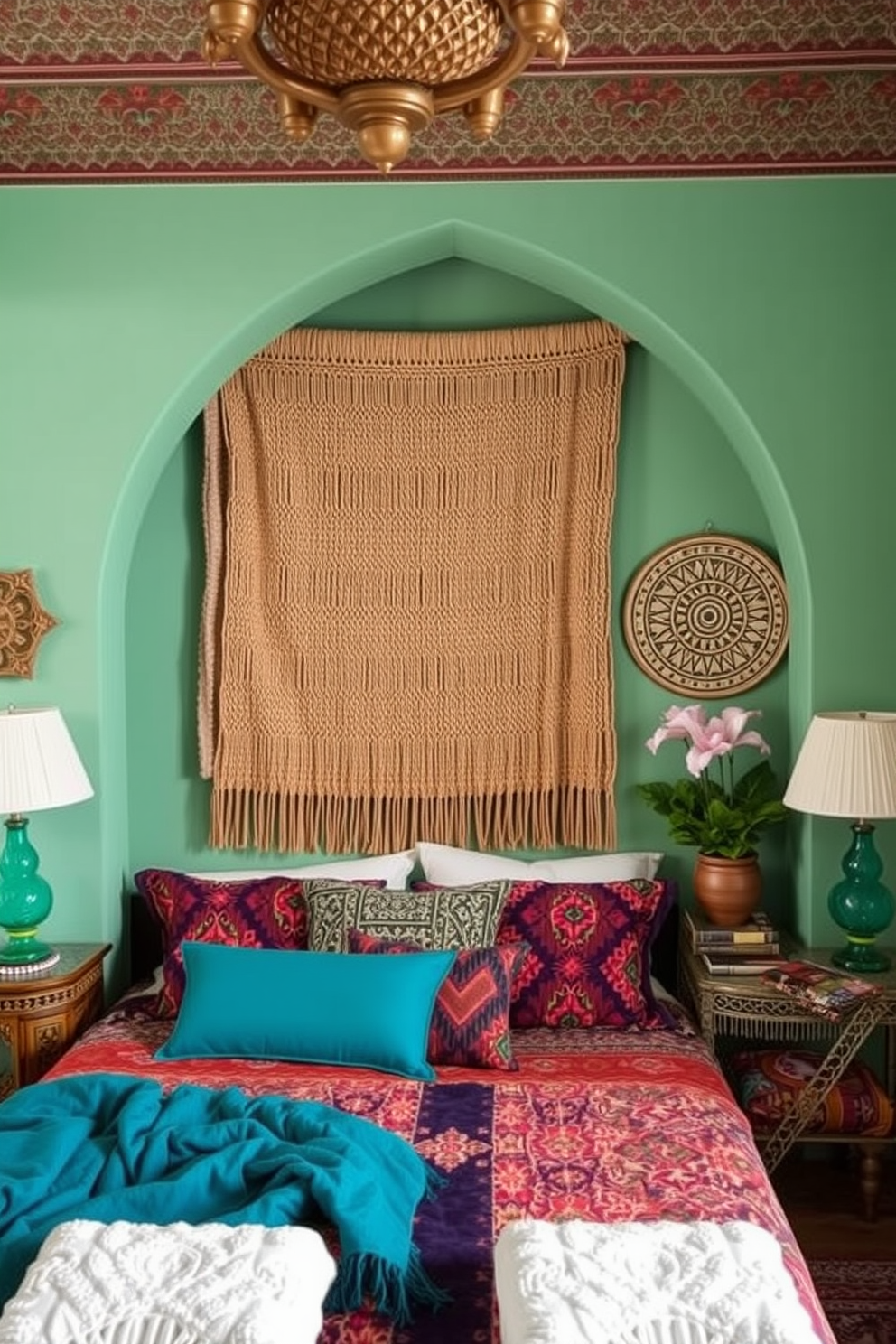 Create a Moroccan bedroom that features textured wall hangings to add depth and visual interest. The room should include rich fabrics, vibrant colors, and intricate patterns that reflect traditional Moroccan design elements.