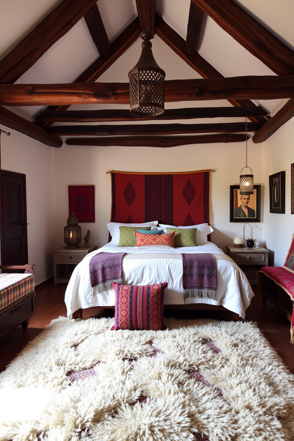 A cozy Moroccan bedroom filled with vintage finds that exude eclectic charm. The room features a richly patterned area rug, a low wooden bed with colorful textiles, and an assortment of vibrant pillows. On the walls, intricate lanterns cast warm light, while a collection of framed art and mirrors adds character. A wooden trunk serves as a bedside table, and lush plants bring life to the space.