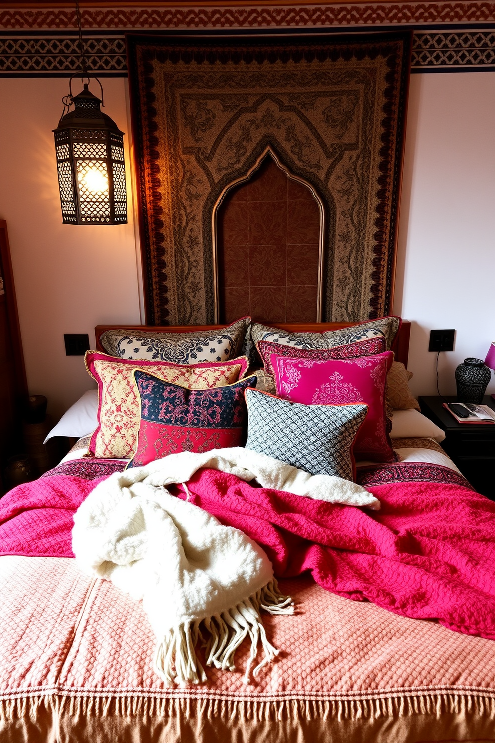 A cozy Moroccan bedroom featuring layered bedding that combines rich textures and vibrant colors. The bed is adorned with an assortment of patterned pillows and a plush throw blanket, creating an inviting atmosphere. Intricate lanterns cast a warm glow, illuminating the space with a soft light. The walls are adorned with traditional Moroccan tiles, adding an artistic flair to the overall design.