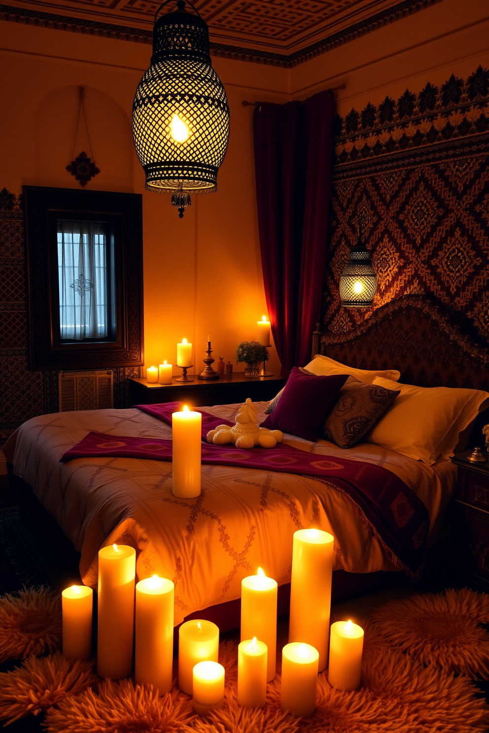 A serene Moroccan bedroom filled with warm, inviting candle arrangements. The soft flicker of candles in various sizes creates a cozy glow, enhancing the rich textures and vibrant colors of the decor. Luxurious fabrics drape over the bed, complemented by intricate lanterns casting beautiful shadows. The walls are adorned with traditional Moroccan patterns, and plush rugs add warmth to the space.