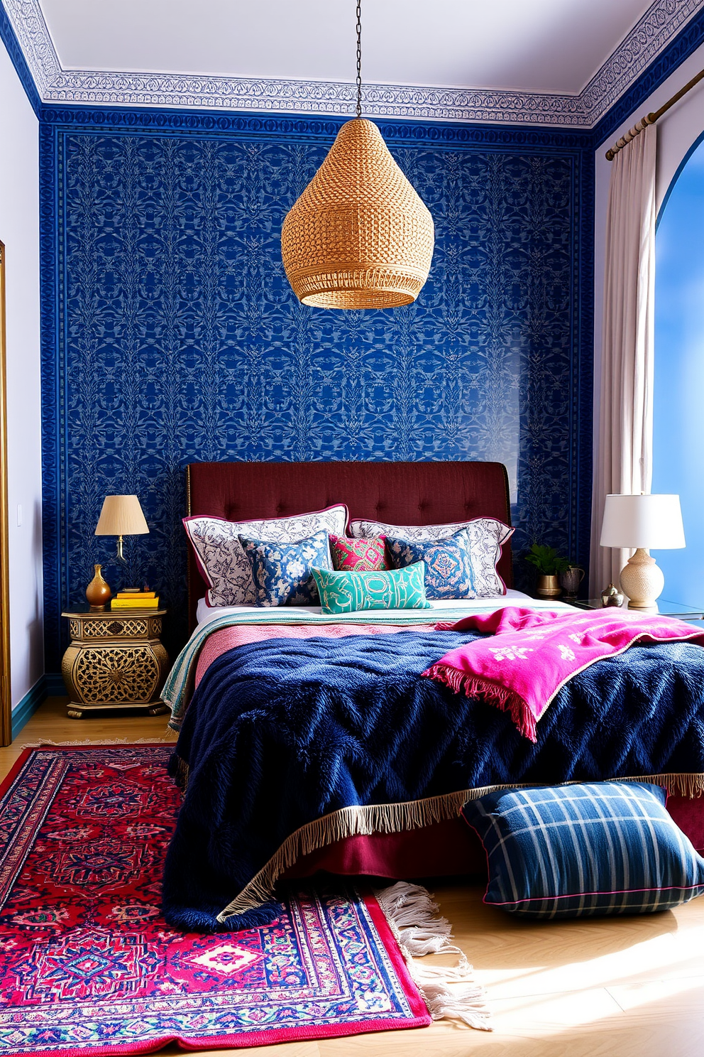 A Moroccan bedroom featuring an accent wall painted in a rich deep blue with intricate geometric patterns. The room is adorned with plush textiles including a colorful area rug and layered bedding in vibrant hues.