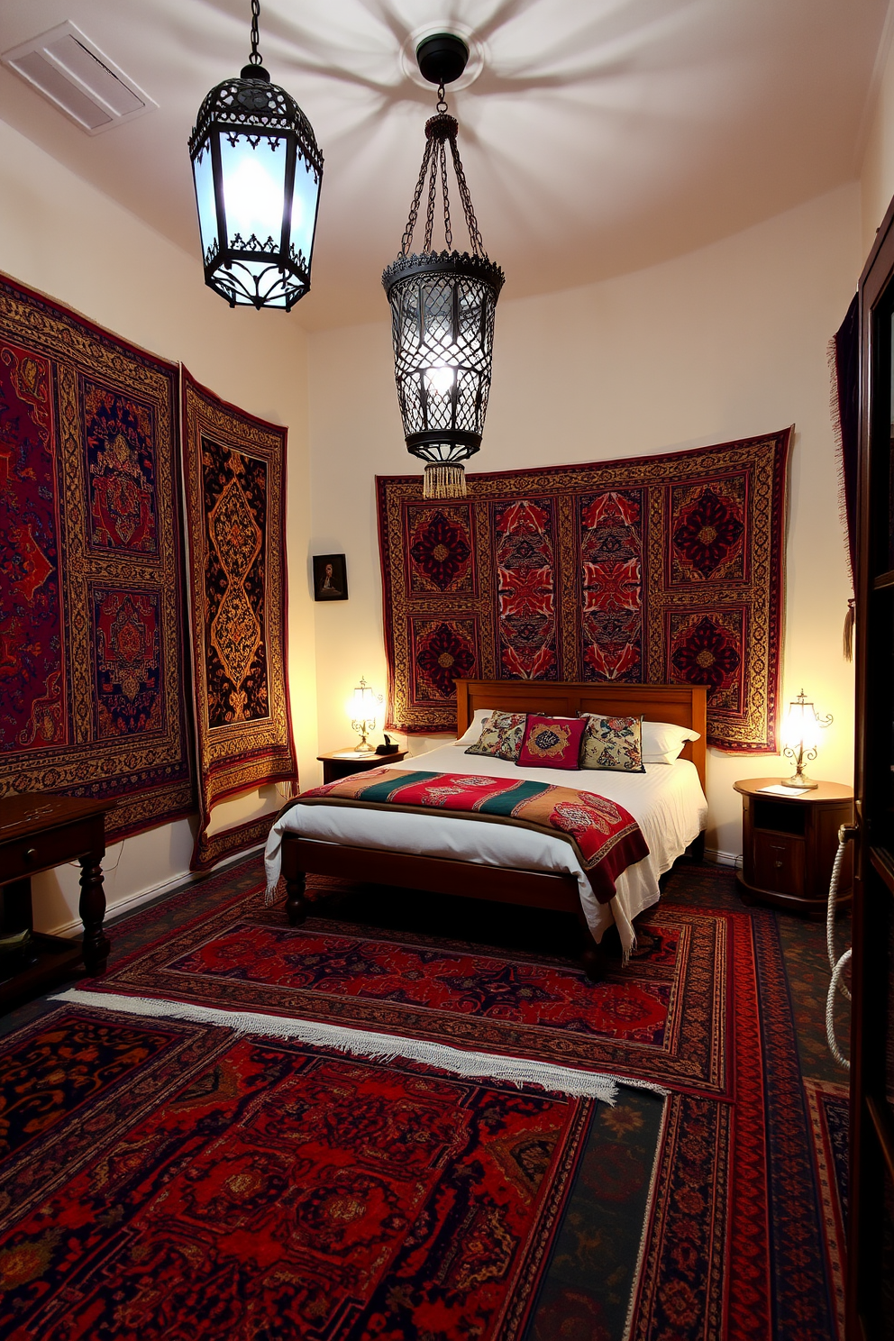 A cozy Moroccan bedroom filled with traditional carpets that add warmth and character. The room features a low wooden bed adorned with colorful textiles, and intricate lanterns hang from the ceiling, casting a soft glow.