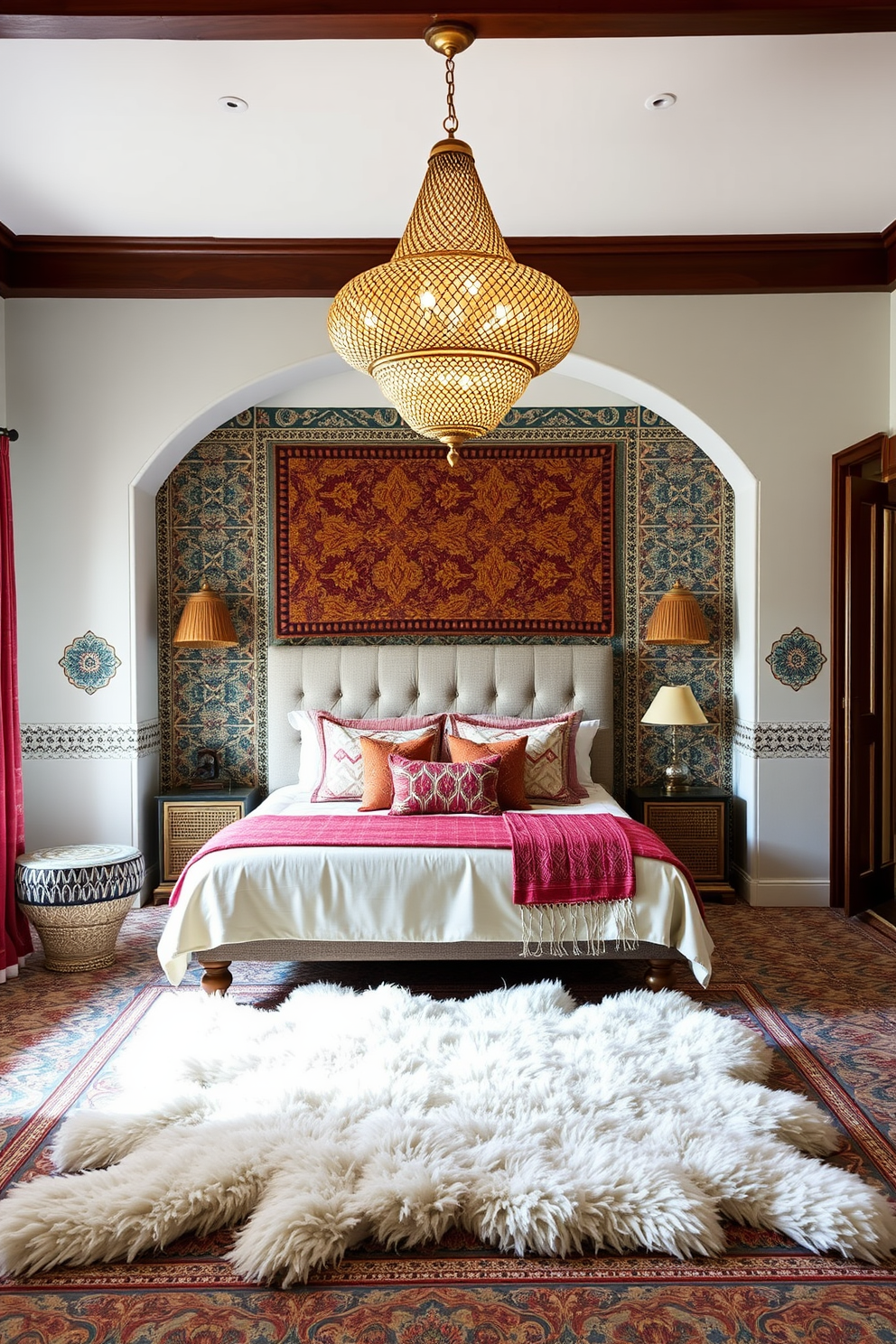 A stunning Moroccan bedroom featuring unique light fixtures that create an enchanting ambiance. The room is adorned with intricate lanterns hanging from the ceiling, casting beautiful patterns on the walls. Richly textured fabrics in vibrant colors and patterns decorate the bed, while plush pillows add comfort and elegance. A low wooden coffee table sits in front of the bed, surrounded by floor cushions for a cozy seating area.