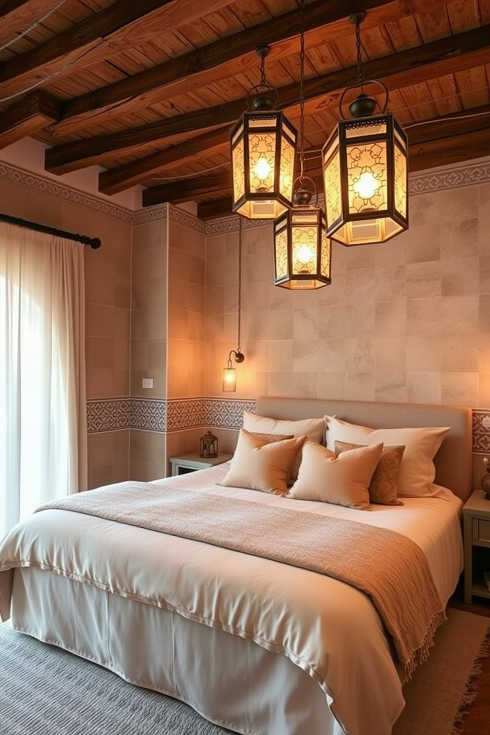 A serene Moroccan bedroom filled with warm neutral tones. The walls are adorned with intricate tile patterns and the ceiling features wooden beams for added texture. A plush bed is dressed in soft beige linens and surrounded by decorative pillows in earthy hues. Lanterns with warm light hang from the ceiling, casting a cozy glow throughout the space.