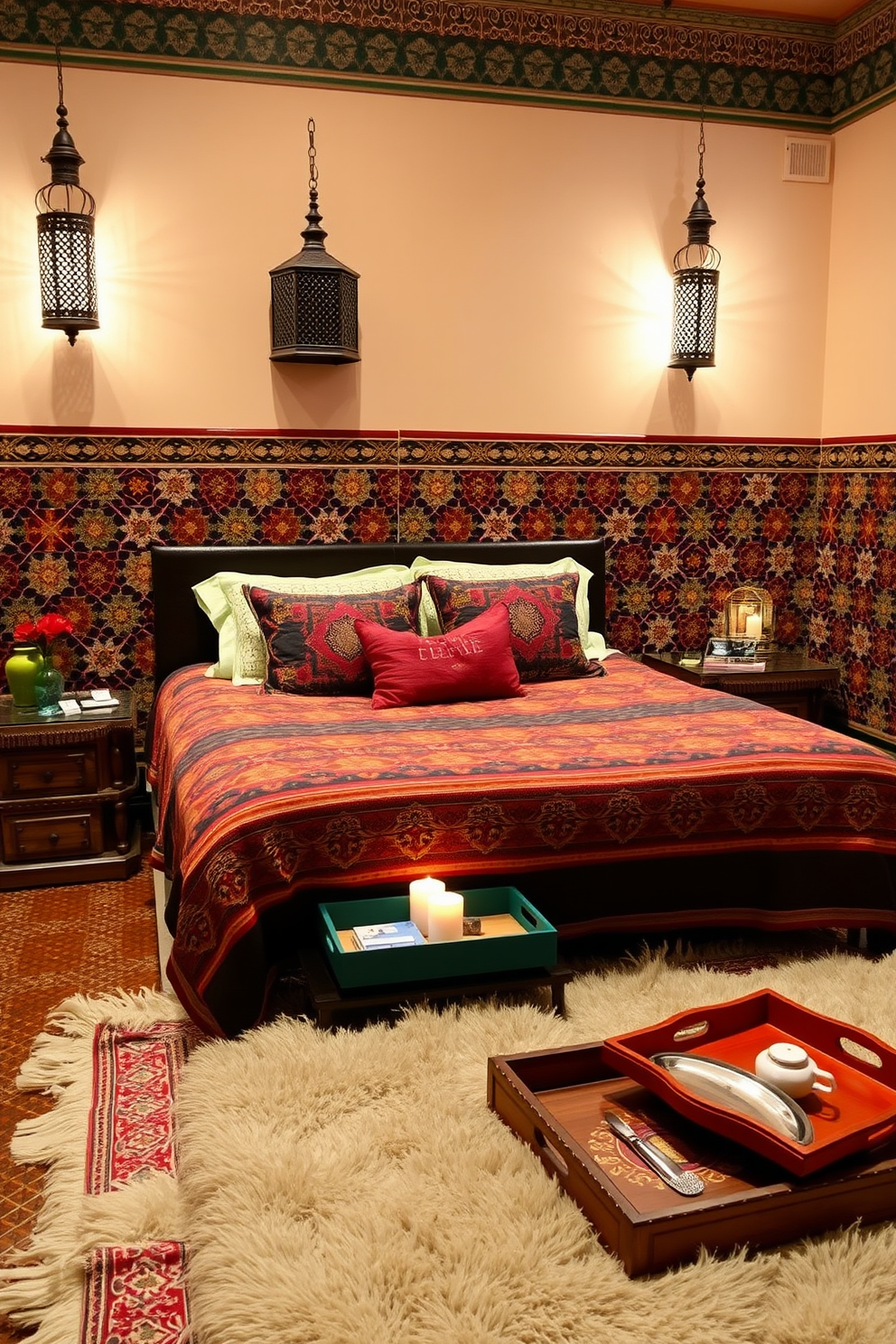 A cozy Moroccan bedroom featuring intricate tile work and warm earthy tones. The bed is adorned with vibrant patterned textiles, and decorative trays are placed on the nightstands to hold small items and candles. The walls are embellished with traditional Moroccan lanterns casting soft light throughout the room. A plush area rug adds texture, while decorative trays in rich colors enhance the organized surfaces.