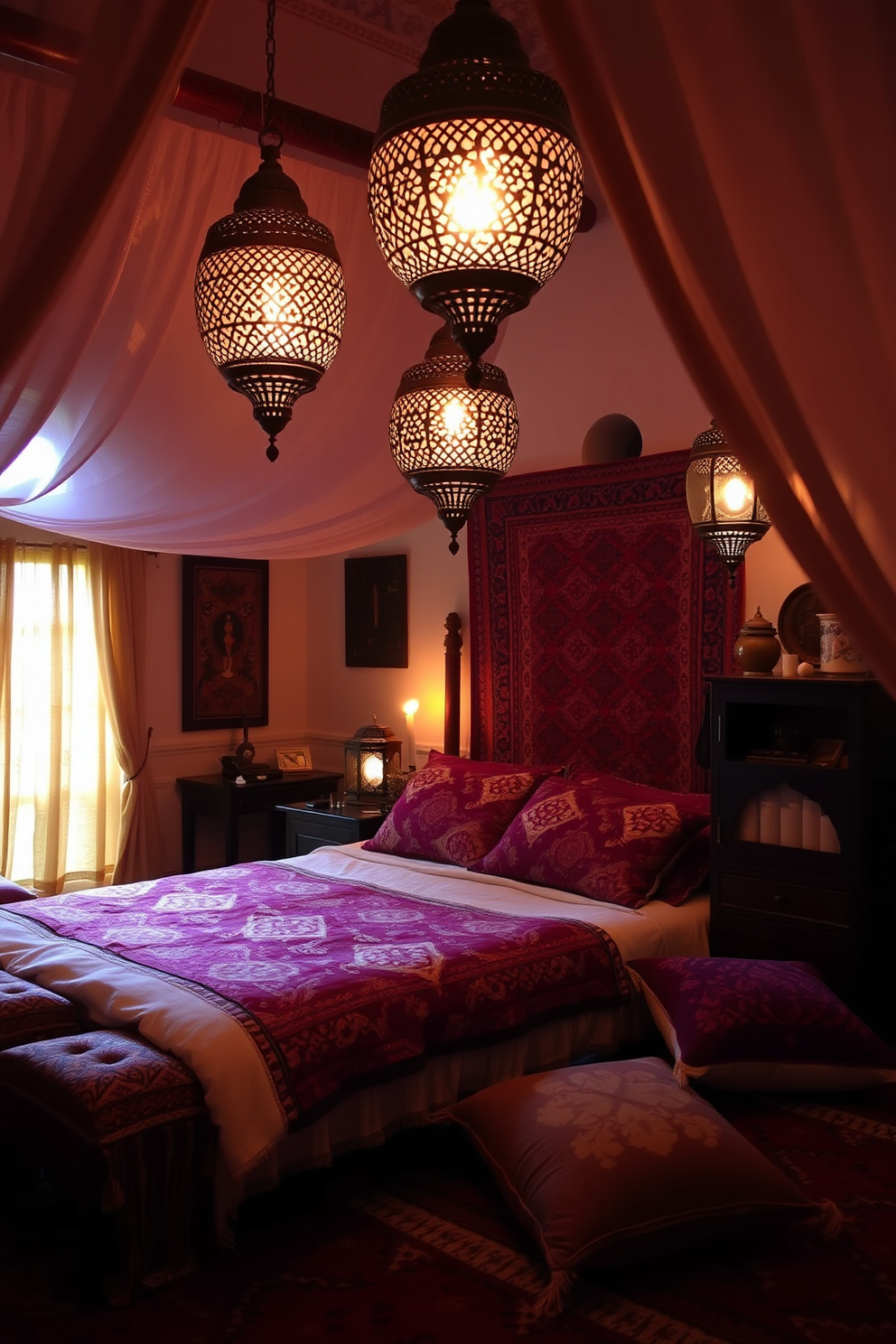 A cozy Moroccan bedroom featuring intricate lanterns that cast soft, warm light throughout the space. The room is adorned with rich textiles, including vibrant rugs and plush cushions, creating an inviting and exotic atmosphere.