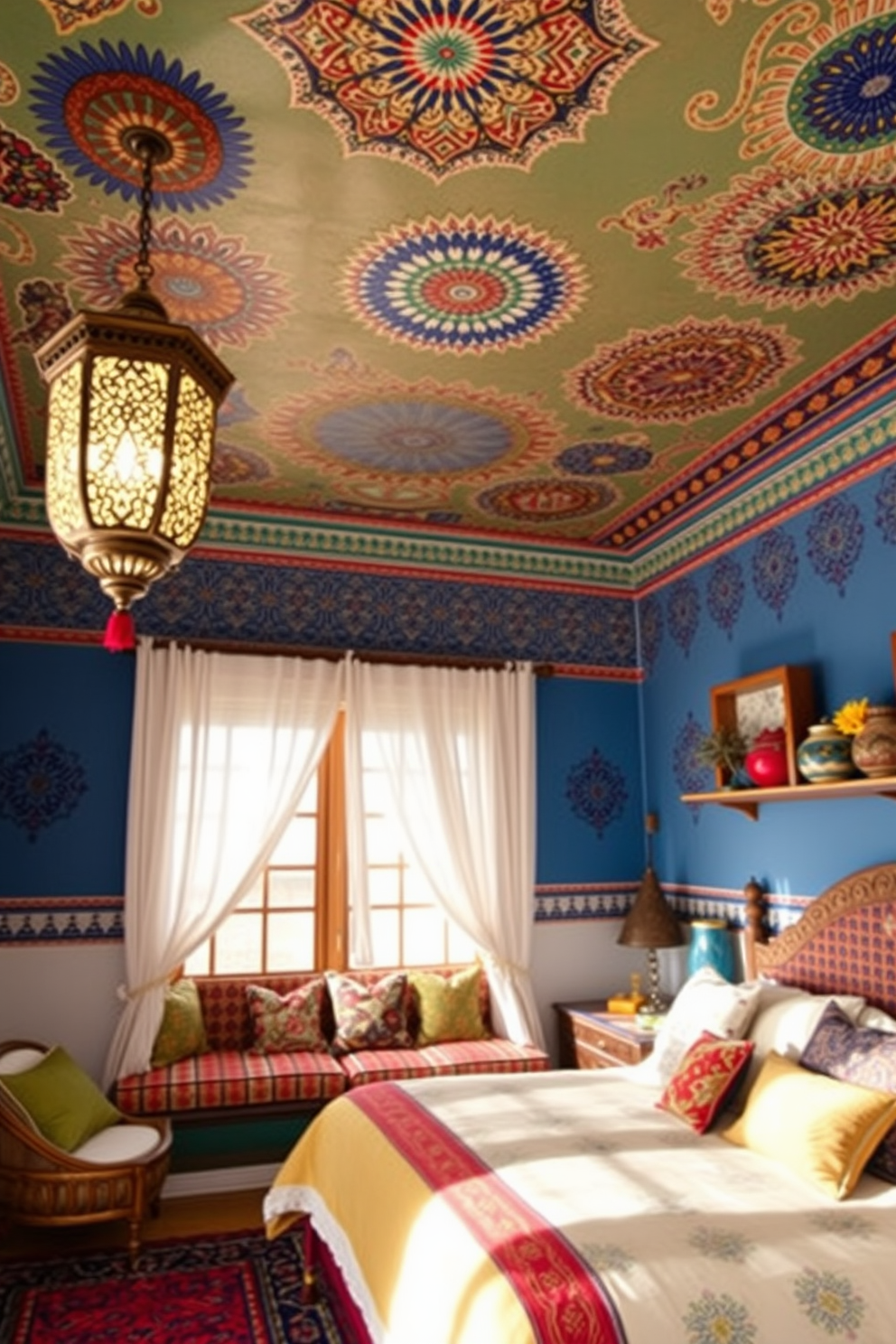 A Moroccan bedroom featuring layered lighting that creates a warm and inviting atmosphere. The room showcases intricate tile work, vibrant textiles, and ornate lanterns that cast beautiful shadows on the walls. The bed is adorned with plush pillows and a colorful throw, while a low wooden table sits beside it, topped with decorative items. Rich jewel tones and natural materials combine to enhance the exotic feel of the space.