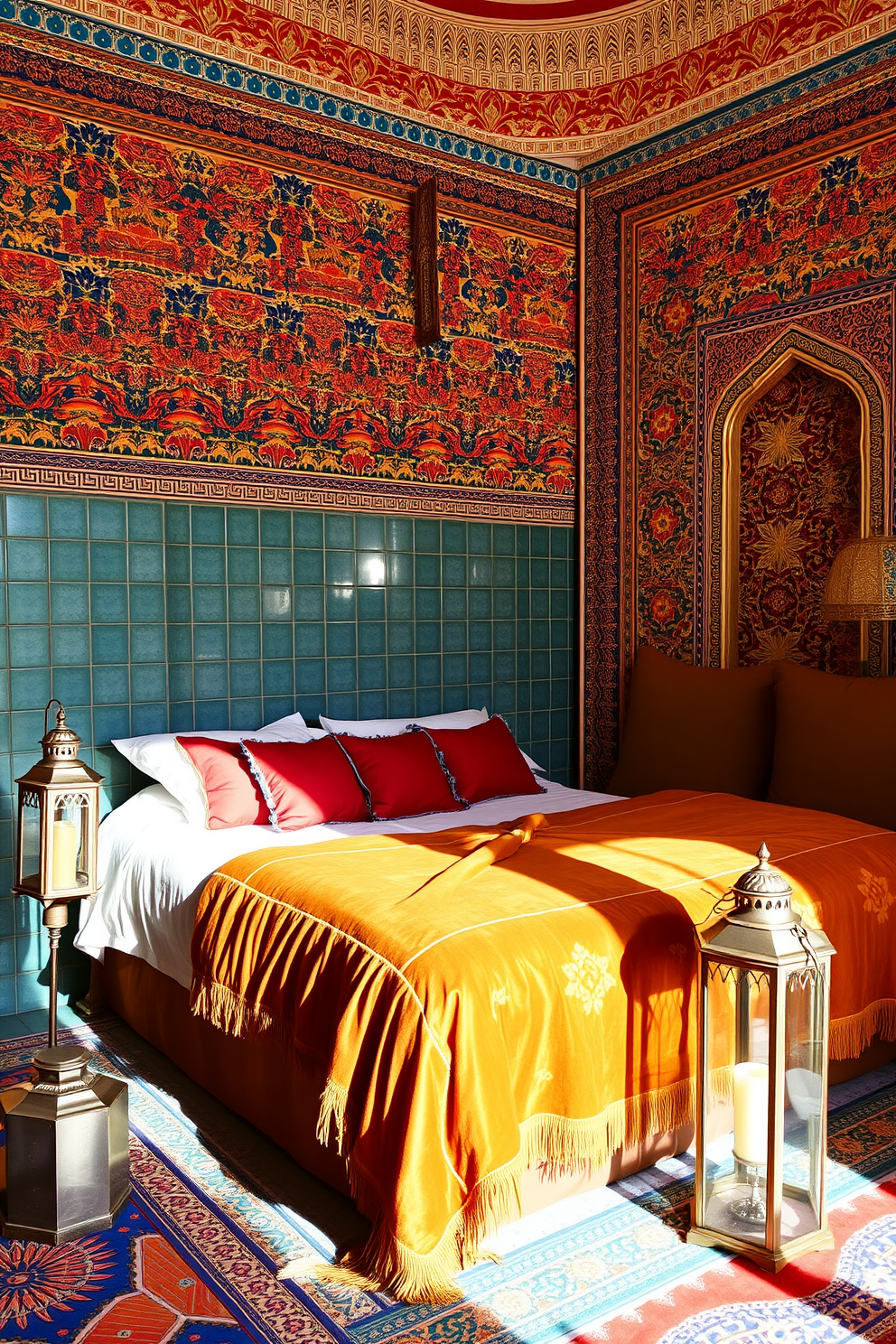 A Moroccan bedroom features vibrant Zellige tiles adorning the walls, showcasing intricate patterns and colors that bring warmth and character to the space. The room includes a plush king-sized bed draped in rich textiles, complemented by ornate lanterns casting a soft glow throughout the area.