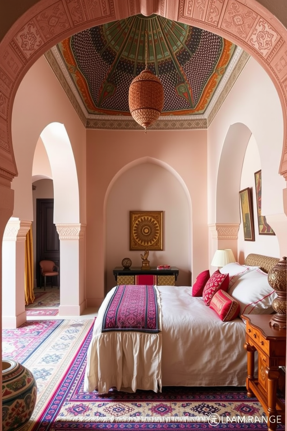 A Moroccan bedroom design featuring arched doorways that create a sense of architectural interest. The room is adorned with rich textiles, intricate patterns, and vibrant colors that evoke a warm and inviting atmosphere.