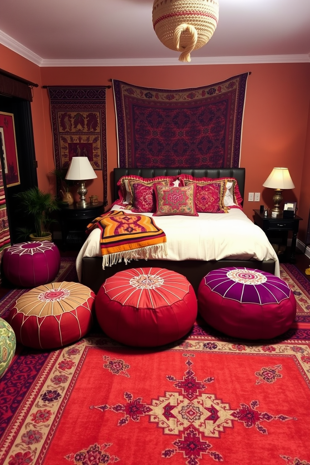 A cozy Moroccan bedroom featuring vibrant textiles and intricate patterns. The room includes a large, plush bed adorned with colorful pillows and a handwoven throw. In the corner, there are several Moroccan poufs in rich colors providing additional seating. The walls are painted in warm earth tones, and a large area rug with geometric designs covers the floor.