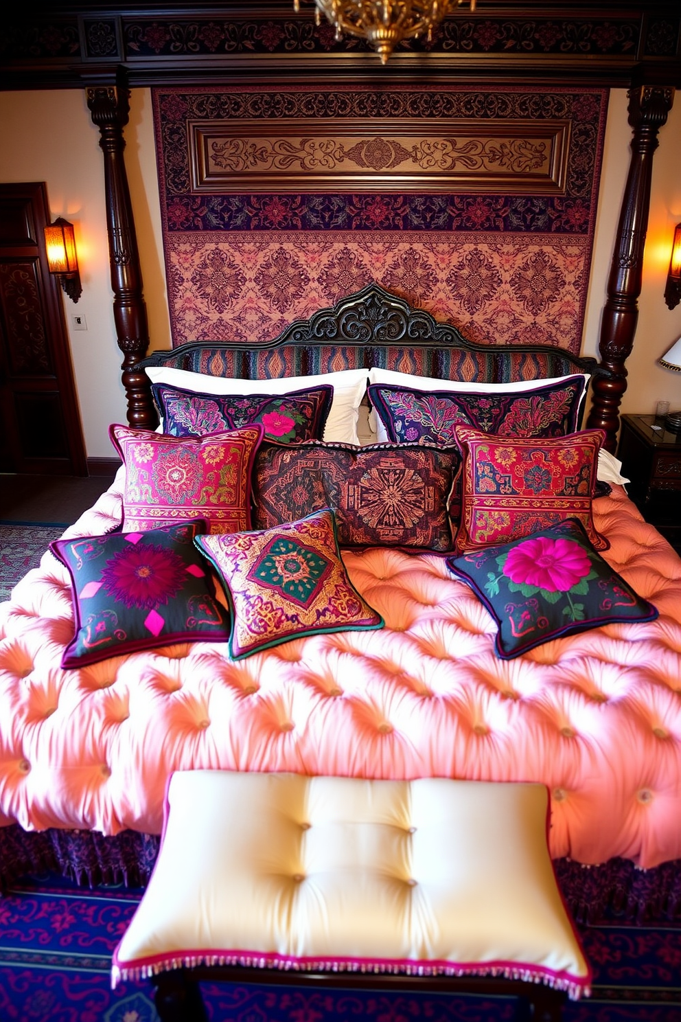 Embroidered cushions in rich jewel tones are scattered across a plush bed adorned with intricate patterns and textures. The room features ornate wooden furniture, warm lighting, and colorful rugs that evoke the essence of Moroccan design.