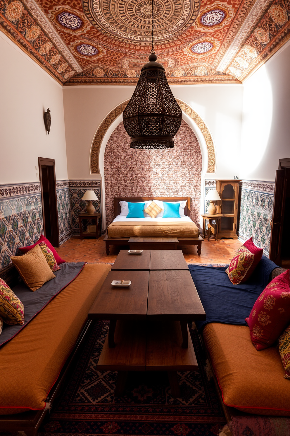 A cozy Moroccan bedroom featuring wooden screens that provide both privacy and style. The room is adorned with rich textiles in warm colors, including a plush area rug and decorative cushions on the bed.