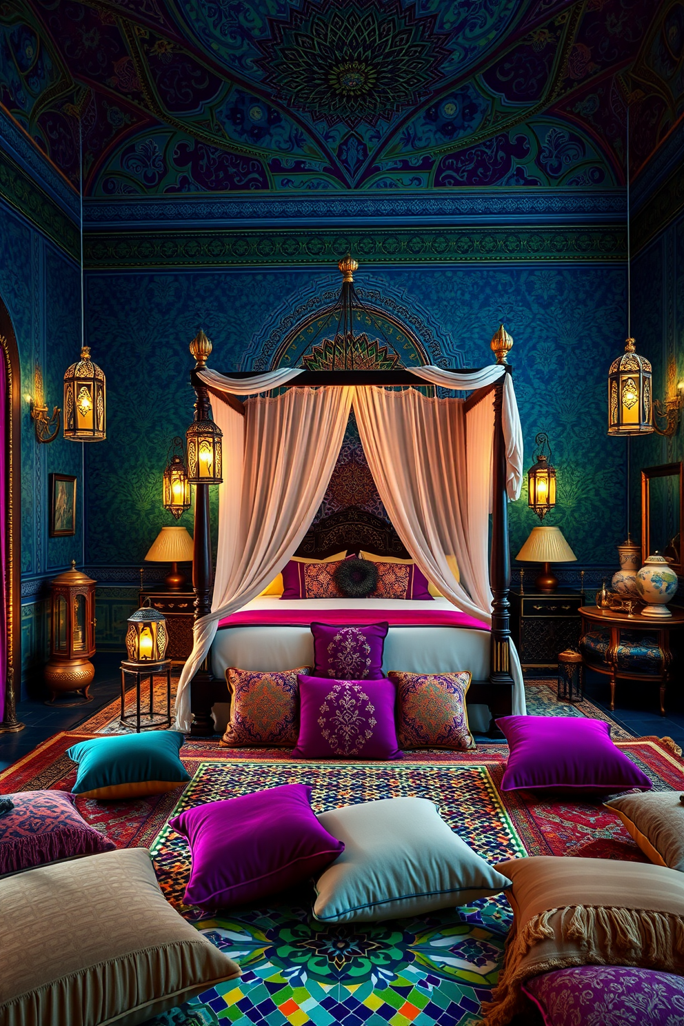 A luxurious Moroccan bedroom filled with rich jewel tones creates an atmosphere of drama and elegance. The walls are adorned with intricate patterns in deep blues, emerald greens, and vibrant purples, complemented by plush textiles and ornate furnishings. A grand four-poster bed draped with sheer fabrics sits at the center, surrounded by decorative lanterns casting a warm glow. Colorful mosaic tiles line the floor, while an array of cushions in various textures adds comfort and opulence to the space.