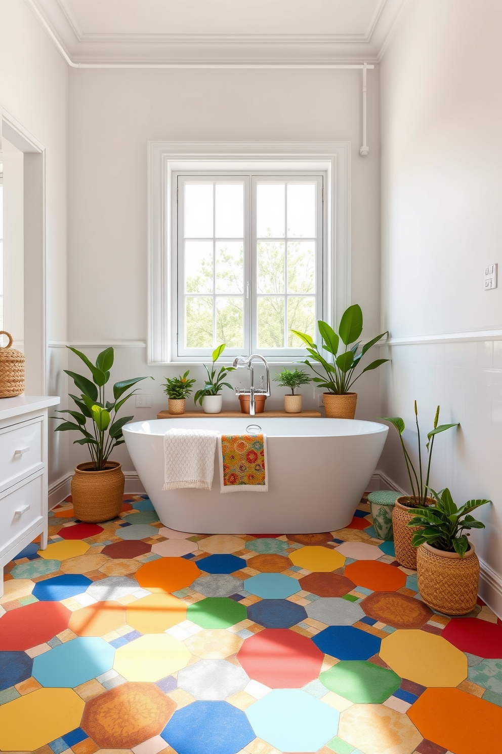 A vibrant bathroom featuring colorful geometric mosaic floor tiles that create a striking visual impact. The walls are adorned with sleek white tiles, providing a clean contrast to the lively patterns below. A spacious shower area showcases a frameless glass enclosure with a rainfall showerhead overhead. Elegant fixtures in brushed brass complete the modern look, adding warmth to the overall design.