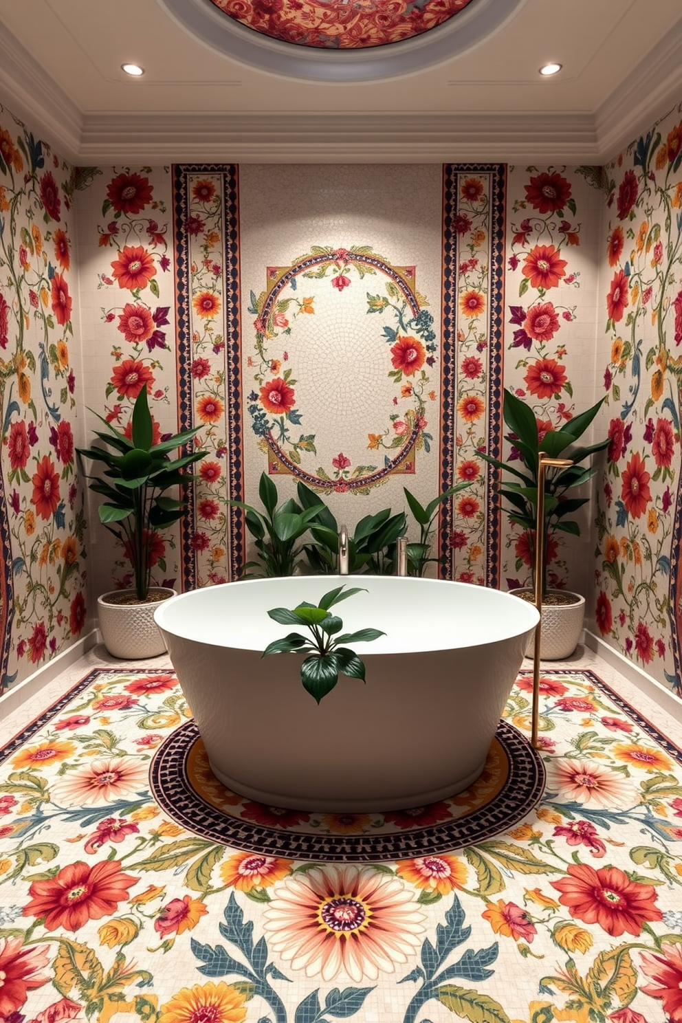 A luxurious bathroom featuring intricate floral mosaic designs on the walls and floor. The mosaic tiles are arranged in a harmonious blend of vibrant colors, creating an eye-catching focal point. In the center, a freestanding bathtub is surrounded by elegant potted plants, enhancing the serene atmosphere. Soft, ambient lighting highlights the beauty of the mosaic patterns, making the space feel inviting and tranquil.