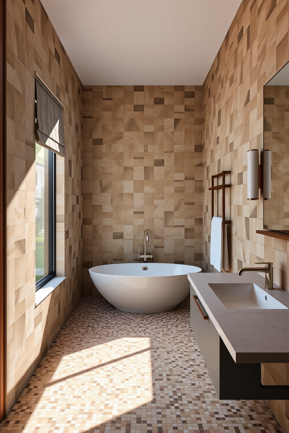 A stunning bathroom featuring a large format mosaic tile installation that creates a striking visual impact on the walls. The tiles are a blend of earthy tones, enhancing the overall warmth of the space while providing a contemporary feel. The mosaic design flows seamlessly across the floor, complementing a sleek freestanding bathtub positioned under a large window. Natural light floods the room, highlighting the intricate patterns of the tiles and the elegant fixtures throughout the bathroom.