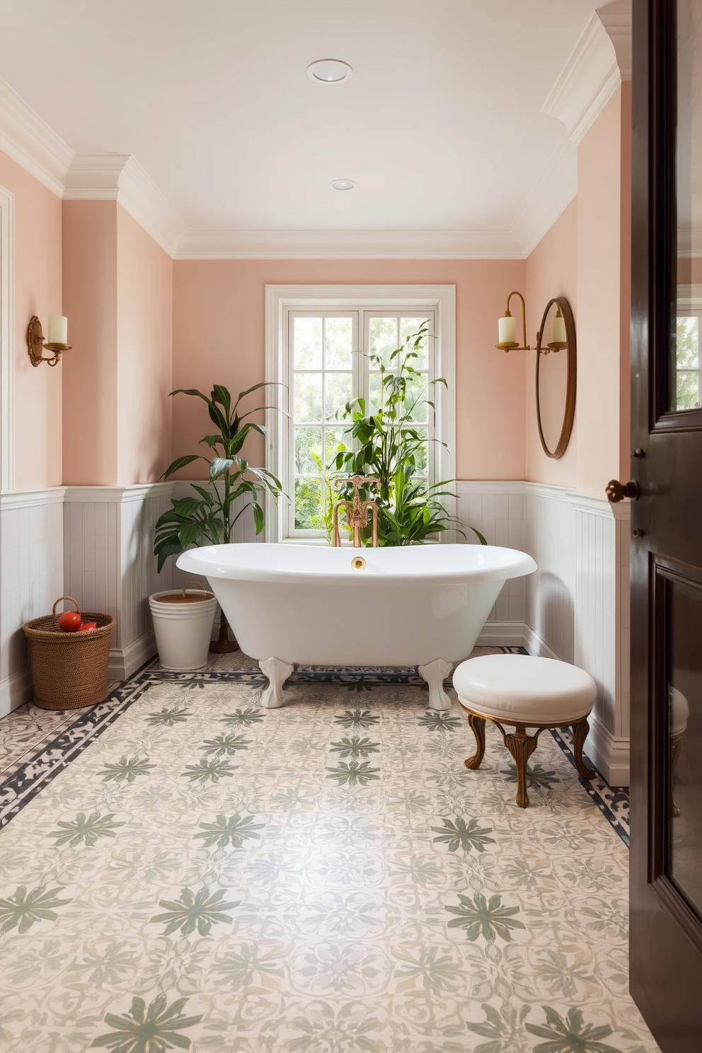 A stylish bathroom featuring hexagonal mosaic tiles that create a unique and eye-catching layout. The tiles are arranged in a harmonious pattern, complementing the overall aesthetic of the space. The walls are adorned with soft neutral colors to enhance the visual appeal of the mosaic design. A sleek modern bathtub sits prominently in the center, surrounded by elegant fixtures and natural light streaming in through a large window.