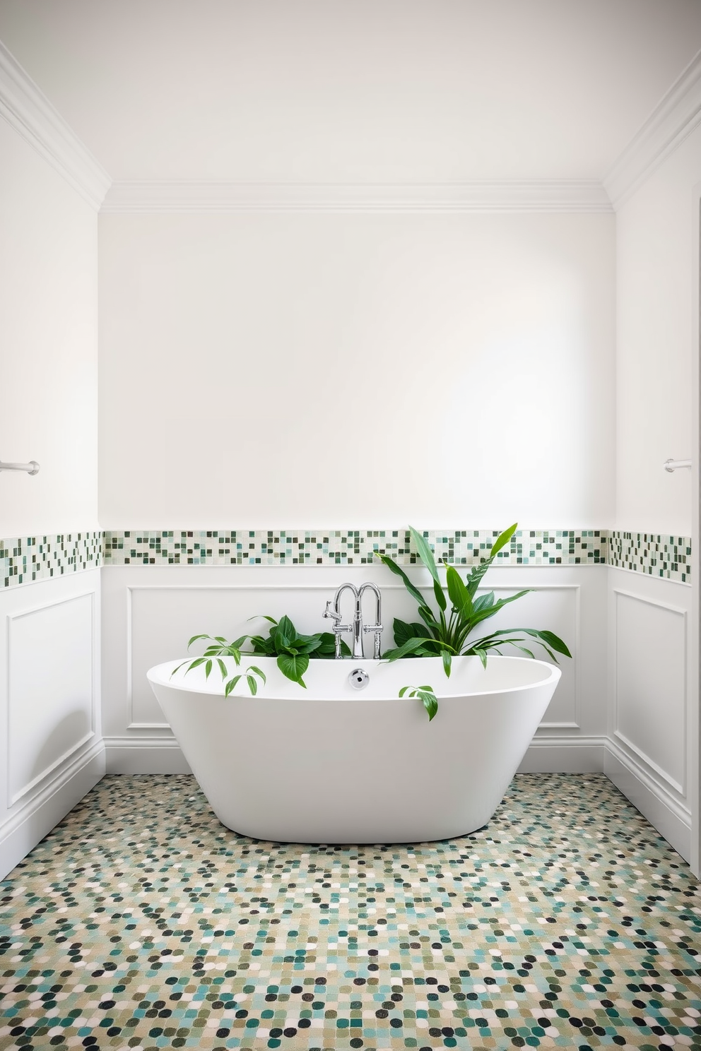 A stunning bathroom adorned with shimmering metallic mosaic accents that catch the light beautifully. The walls are covered in a variety of mosaic tiles, creating a dynamic and luxurious atmosphere. The floor features a sleek combination of large format tiles that complement the shimmering accents. A freestanding soaking tub sits elegantly in the center, surrounded by decorative plants for a touch of nature.