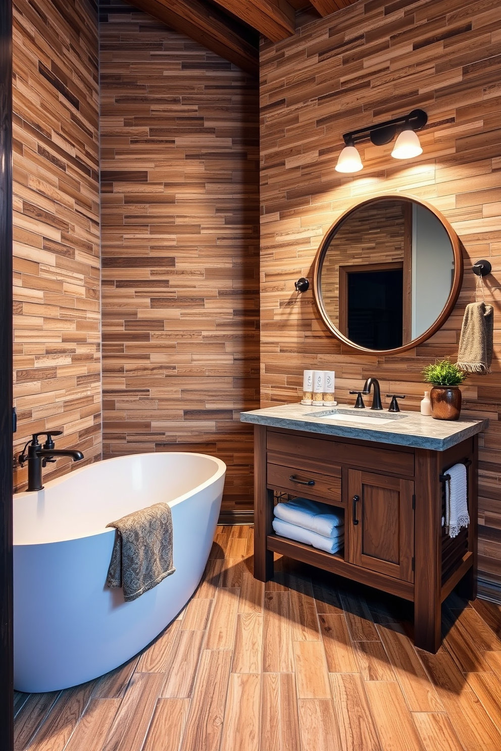 A rustic bathroom design featuring wood-look mosaic tiles that create a warm and inviting atmosphere. The tiles cover the walls and floor, enhancing the natural elements of the space while complementing a freestanding soaking tub. The bathroom includes a reclaimed wood vanity with a stone countertop and a large round mirror above it. Soft, ambient lighting highlights the textures of the mosaic tiles and adds a cozy feel to the overall design.