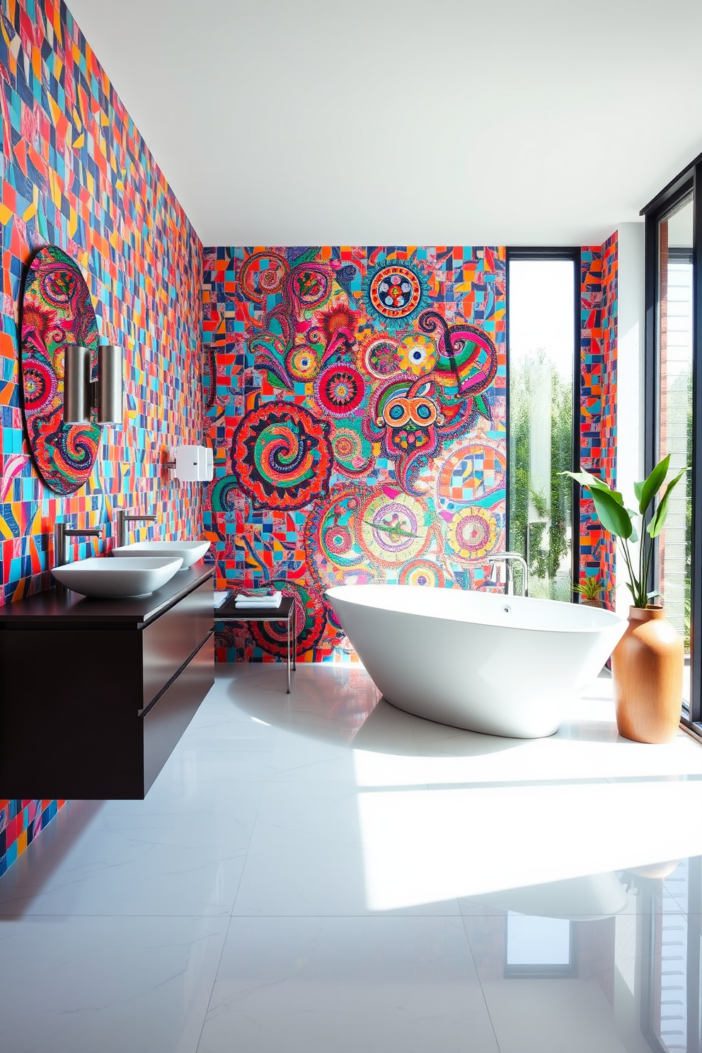 A vibrant shower niche filled with an array of brightly colored mosaic tiles. The design features intricate patterns that create an eye-catching focal point in the bathroom.