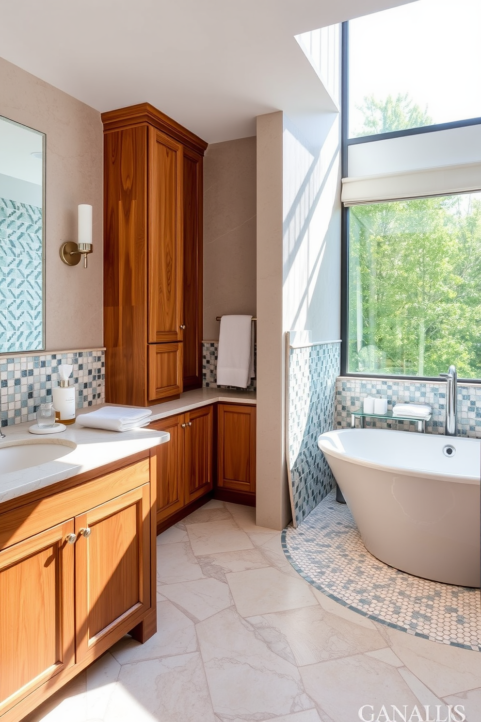 A stunning bathroom featuring mosaic tiles with a 3D effect that adds depth and texture to the space. The walls are adorned with a vibrant array of colors, creating a lively and inviting atmosphere. In the center, a freestanding bathtub is surrounded by these eye-catching tiles, enhancing the luxurious feel of the room. Soft, ambient lighting highlights the intricate patterns of the mosaic, making it a focal point of the design.