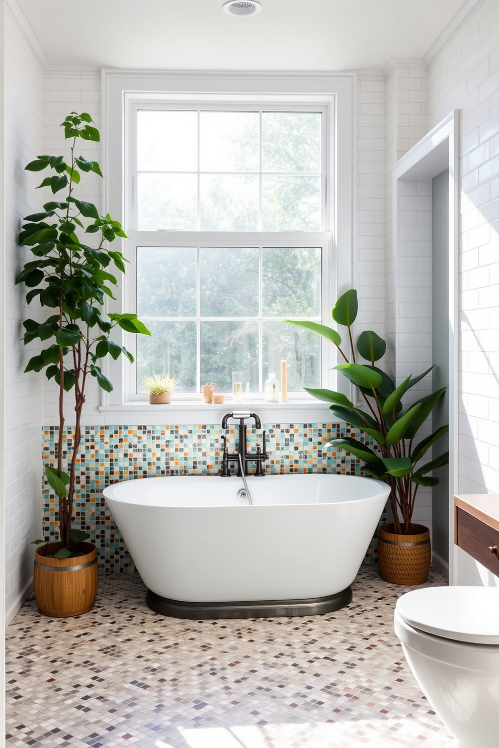 A beautifully designed bathroom featuring classic white subway tile accents that elegantly contrast with vibrant mosaic tiles. The space is enhanced by a freestanding soaking tub surrounded by lush greenery and natural light streaming through a large window.