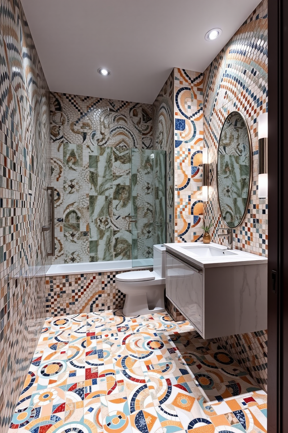 Artistic mosaic mural as a focal point. The walls are adorned with vibrant mosaic tiles in various colors, creating an eye-catching backdrop for the bathroom. The floor features complementary mosaic patterns that tie the design together. A sleek freestanding bathtub sits in front of the mural, surrounded by elegant fixtures and soft lighting.