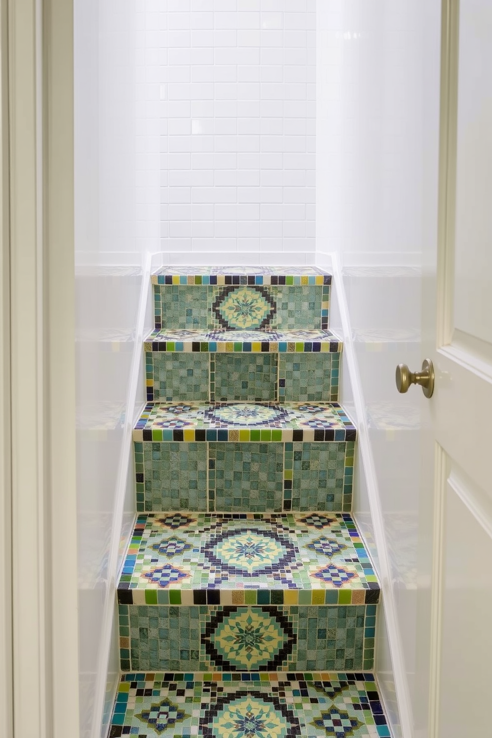 A stylish bathroom featuring chevron patterned mosaic tiles that create a dynamic visual effect on the floor. The walls are adorned with soft neutral tones that complement the intricate tile design. The shower area showcases a seamless glass enclosure with a rainfall showerhead. Elegant accessories in gold finish add a touch of luxury to the overall aesthetic.