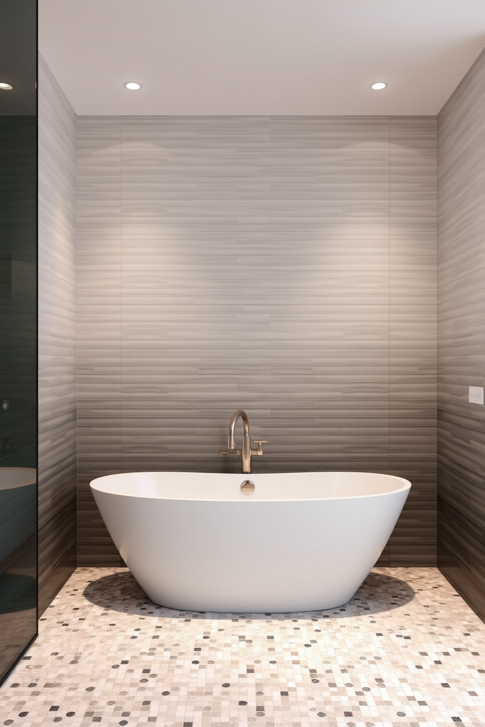 A luxurious bathroom featuring classic herringbone mosaic tile patterns. The walls are adorned with elegant white and gray tiles, creating a timeless backdrop for the space. The floor showcases a stunning herringbone mosaic design in shades of blue and white. A freestanding tub is positioned in the center, complemented by a modern chrome faucet and plush towels neatly arranged nearby.