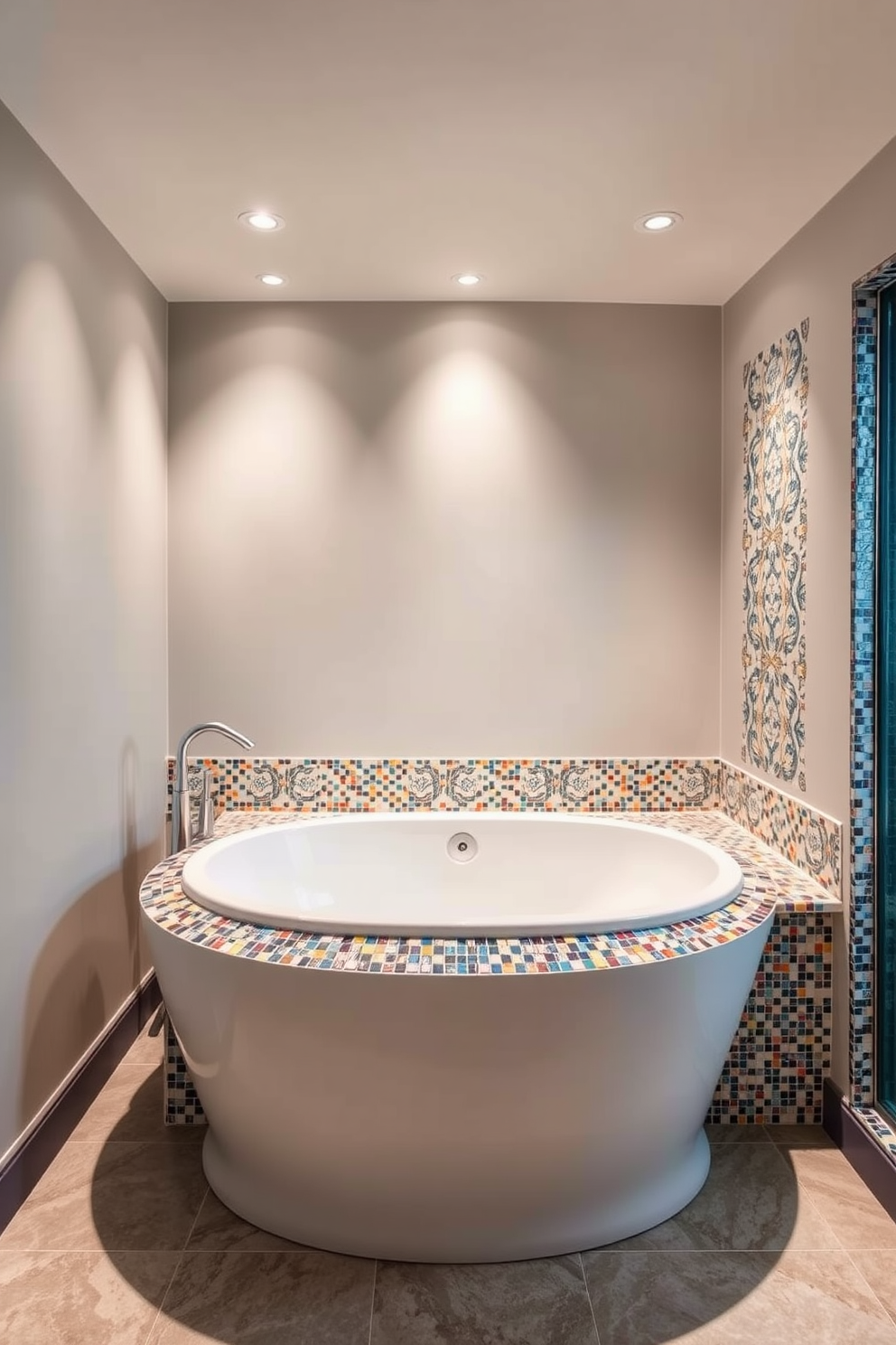 A stunning bathroom design featuring a custom mosaic art piece behind the sink that serves as a focal point. The mosaic tiles incorporate vibrant colors and intricate patterns, enhancing the overall aesthetic of the space. The bathroom includes a sleek modern sink with a minimalist faucet that complements the mosaic. Surrounding the sink, soft ambient lighting highlights the beauty of the tiles and creates a warm atmosphere.