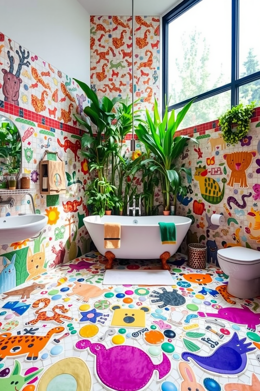 A whimsical bathroom setting featuring a vibrant mosaic design with playful animal motifs covering the walls and floor. The mosaic tiles incorporate a variety of colors and textures, creating an enchanting atmosphere that delights the senses. In the center, a freestanding bathtub is surrounded by lush greenery and decorative accents that complement the theme. The space is illuminated by soft, natural light filtering through a large window, enhancing the cheerful ambiance.