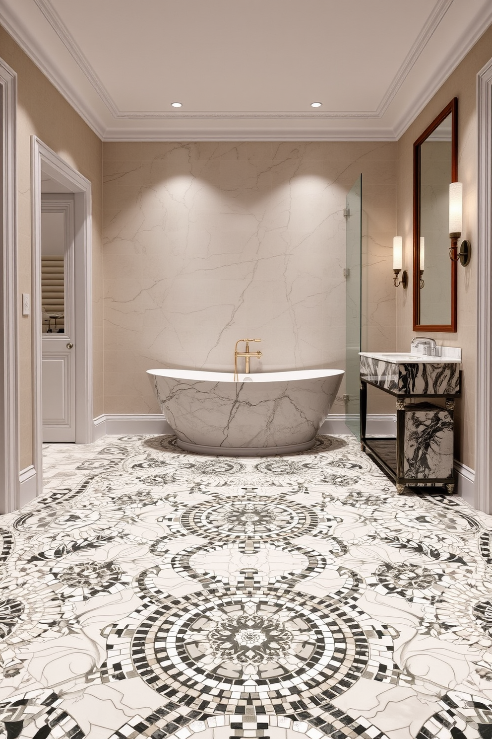 An elegant bathroom featuring intricate marble mosaic floor patterns that create a stunning visual impact. The walls are adorned with soft neutral tones, enhancing the beauty of the mosaic tiles and providing a serene atmosphere.