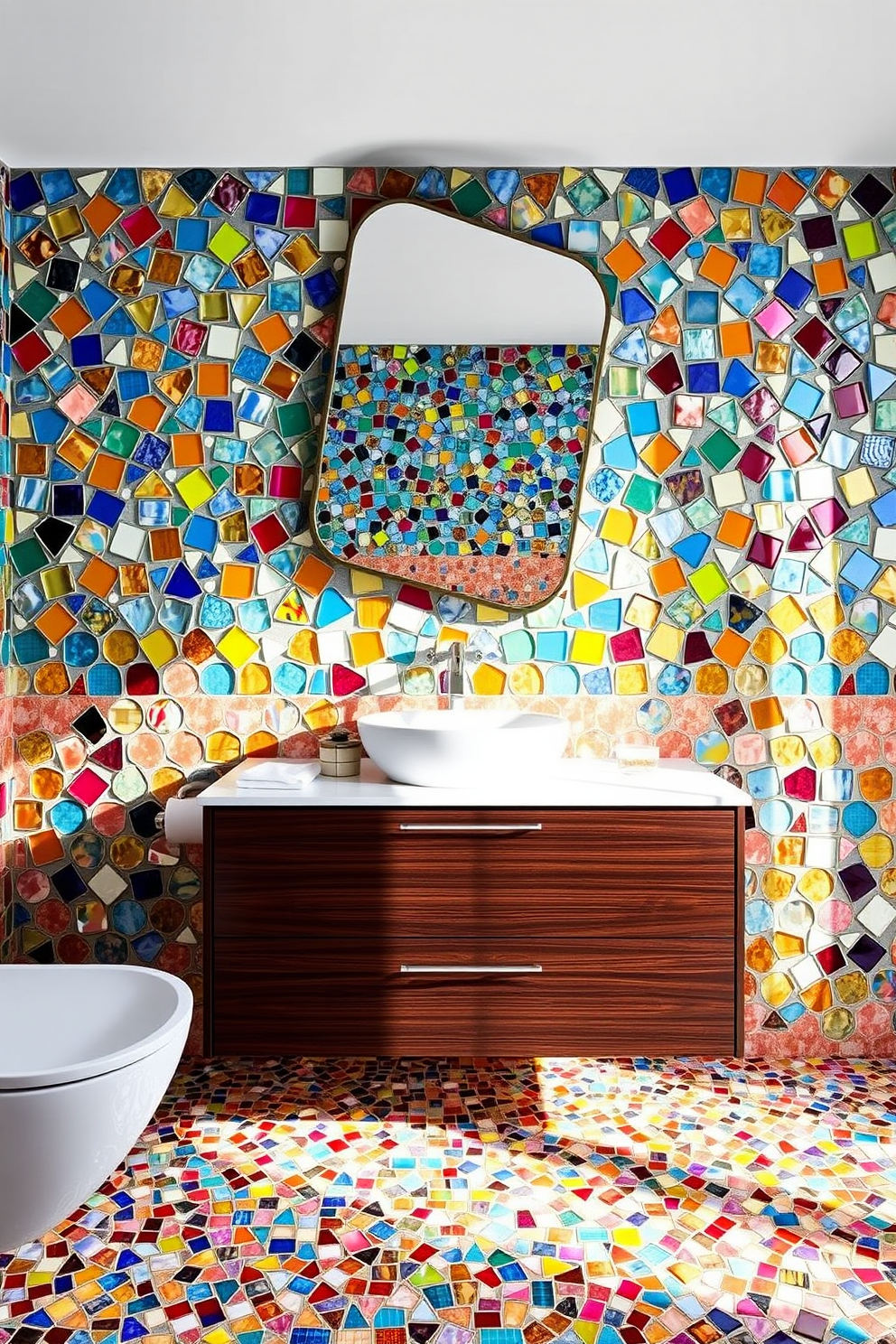 A vibrant bathroom featuring mosaic tiles in creative shapes that form an intricate pattern on the walls. The floor is adorned with complementary mosaic tiles, creating a cohesive and artistic atmosphere. The vanity is sleek and modern, crafted from dark wood with a polished white countertop. Above it, a unique mirror with an irregular shape reflects the colorful mosaic tiles, enhancing the overall design.