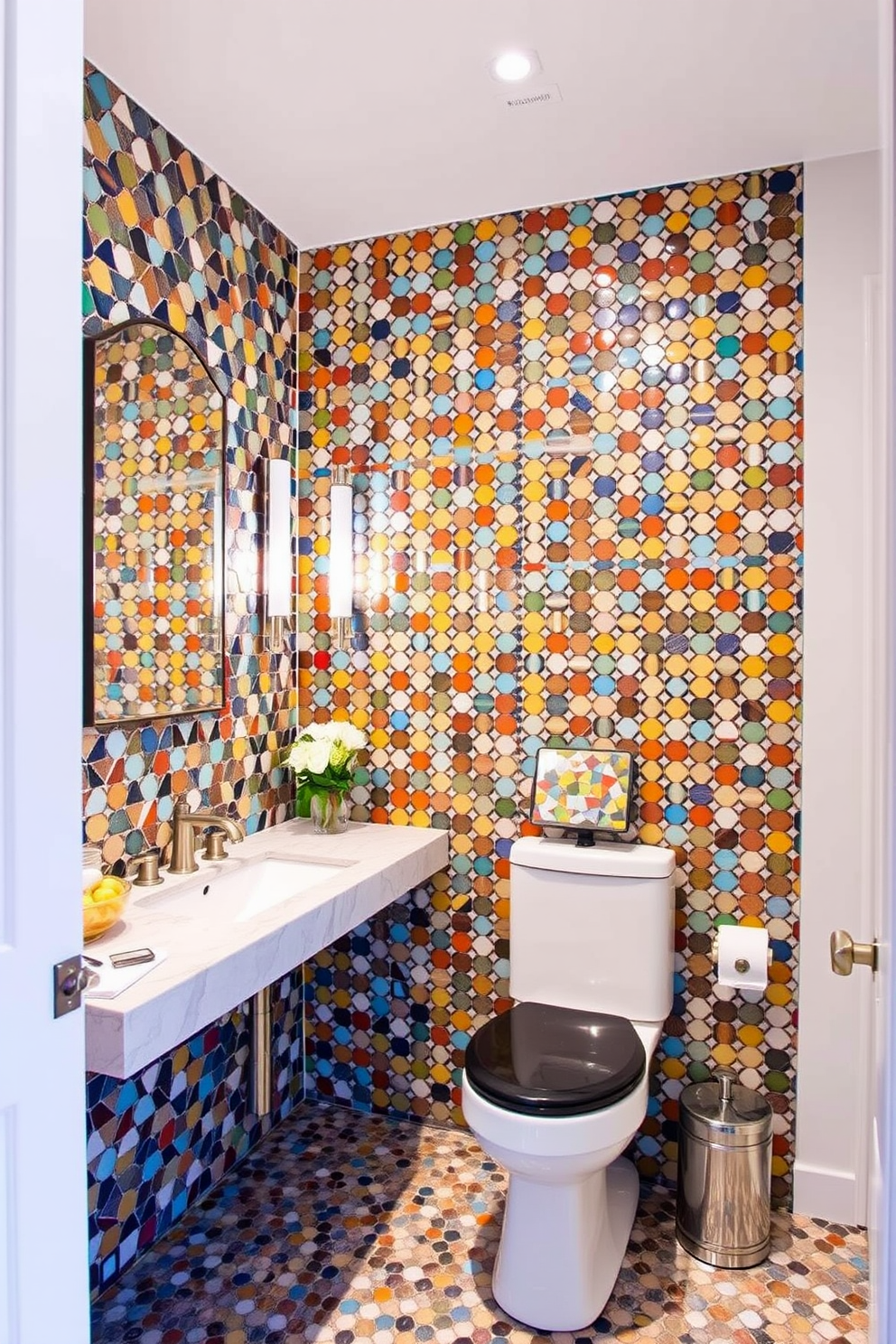 A stunning bathroom featuring a Mediterranean style mosaic floor that combines vibrant colors and intricate patterns. The walls are adorned with soft white tiles, creating a bright and airy atmosphere that complements the artistic flooring. The space includes a sleek freestanding bathtub surrounded by potted plants for a touch of nature. A wooden shelf holds neatly arranged bath essentials, enhancing the overall charm of the Mediterranean design.