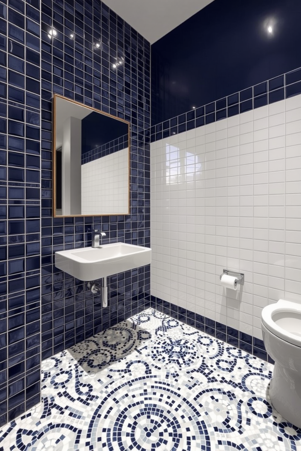 A stunning bathroom design featuring dual-tone mosaic tile layouts. The walls are adorned with a blend of deep navy blue and crisp white tiles, creating a striking visual contrast. The floor showcases a beautiful mosaic pattern that complements the wall tiles, adding depth and texture to the space. Soft lighting illuminates the area, highlighting the intricate details of the mosaic design.