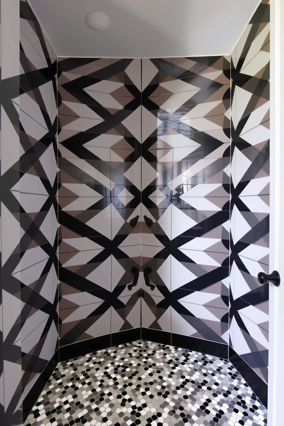 A striking bathroom design featuring bold geometric pattern wall tiles that create a dynamic visual impact. The floor is adorned with complementary mosaic tiles, adding texture and interest to the space.